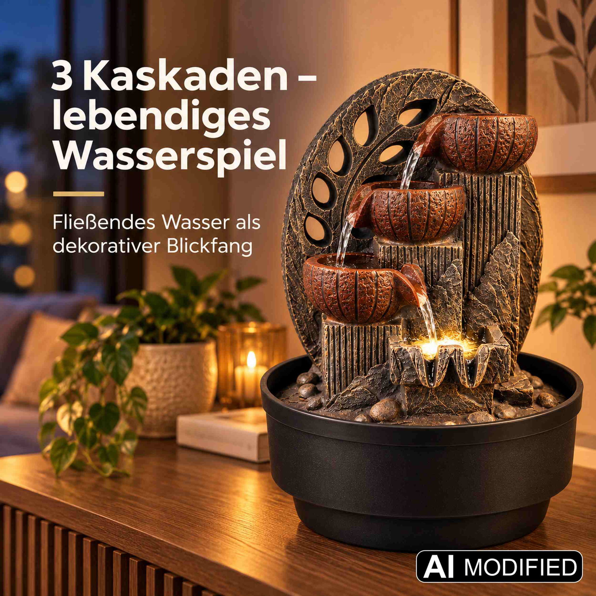 Zimmerbrunnen mit 3 Kaskaden und LED in Steinoptik Zimmerbrunnen mit drei kaskadenartigen Wasserschalen in Steinoptik, beleuchtet, auf einem Holztisch neben Pflanzen