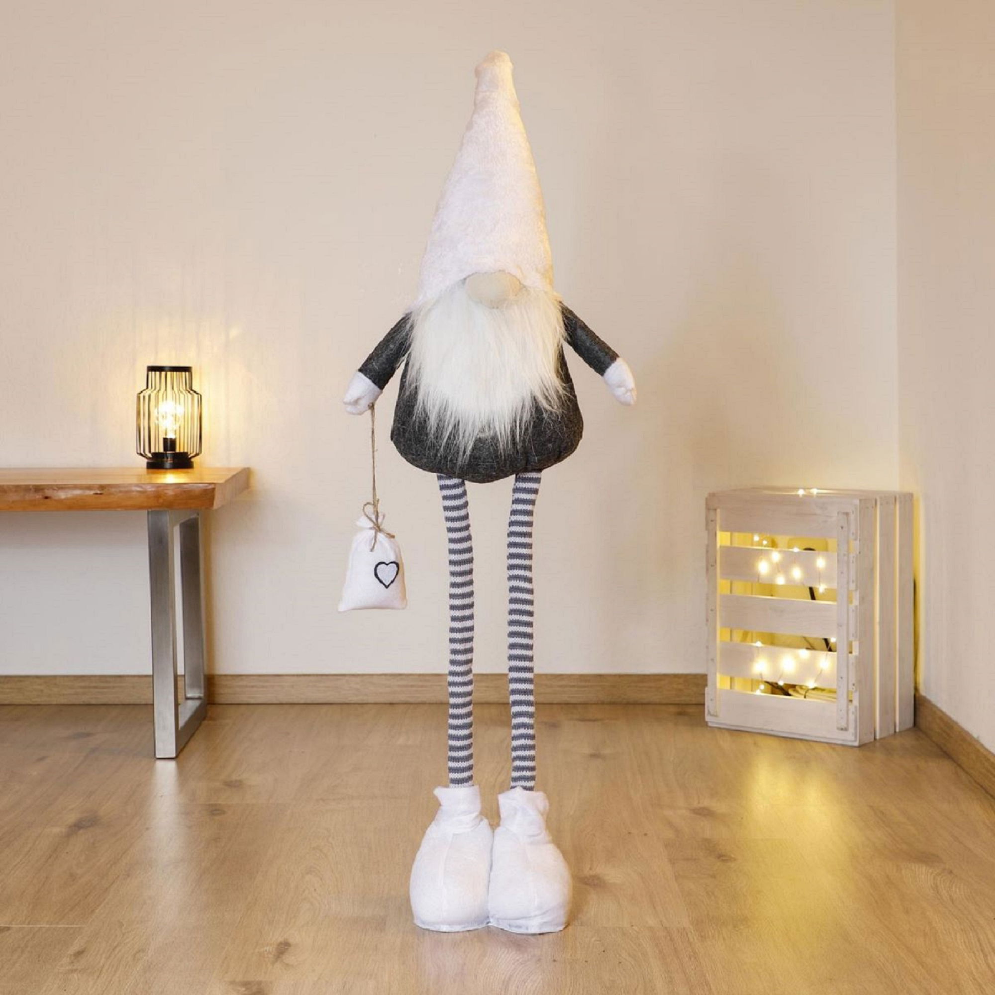 Weihnachtswichtel mit Teleskopbeinen weiß grau, 125cm hoch, Dekofigur Weihnachtswichtel mit Teleskopbeinen weiß grau, 125cm hoch, Dekofigur