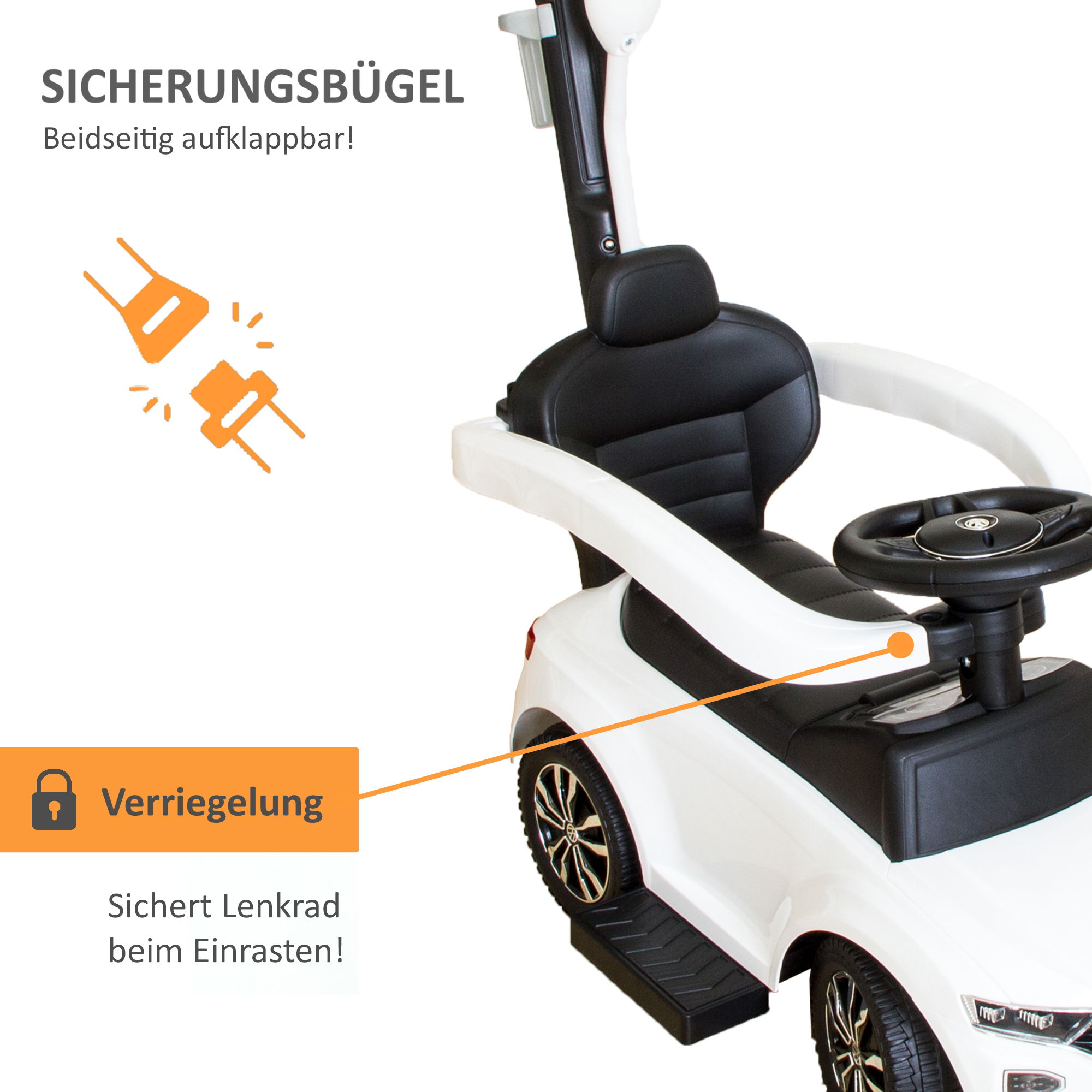 VW Rutschauto in weiß mit Schiebestange, Rutschfahrzeug ab 1 Jahr, Rutscherfahrzeug mit Sicherheitsbügel PT001_W