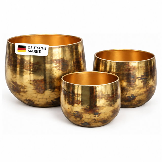 Pflanztöpfe Metall 3er-Set in Gold mit strukturierter Antik-Optik