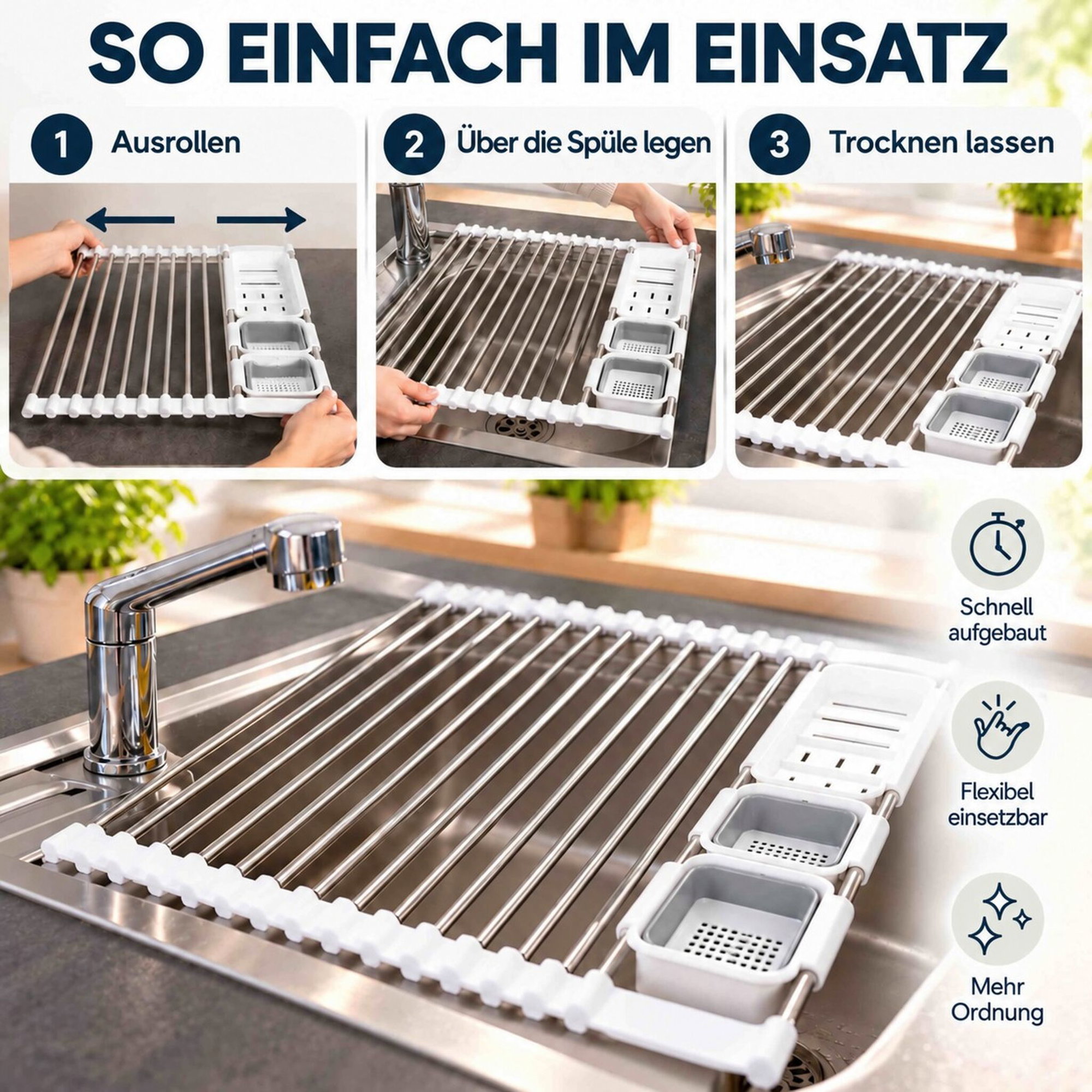 Ausziehbares Edelstahl-Abtropfgestell über der Spüle Ausziehbares Edelstahl-Abtropfgestell über dem Spülbecken mit drei Anwendungsschritten
