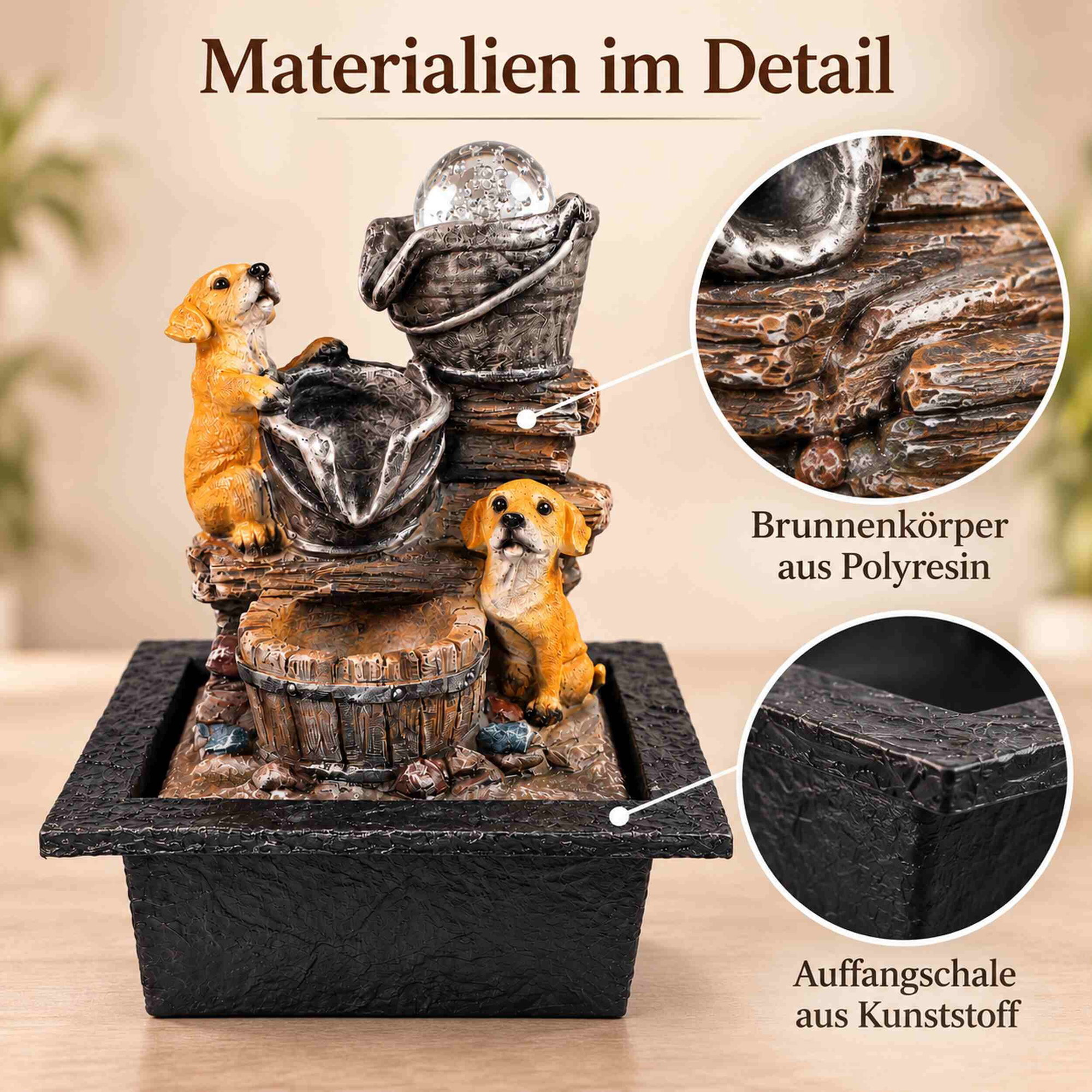 Zimmerbrunnen mit zwei Hunde-Figuren, rotierender Glaskugel und LED-Beleuchtung, Brunnenkörper aus Polyresin mit Detailansichten von Material und Auffangschale aus Kunststoff