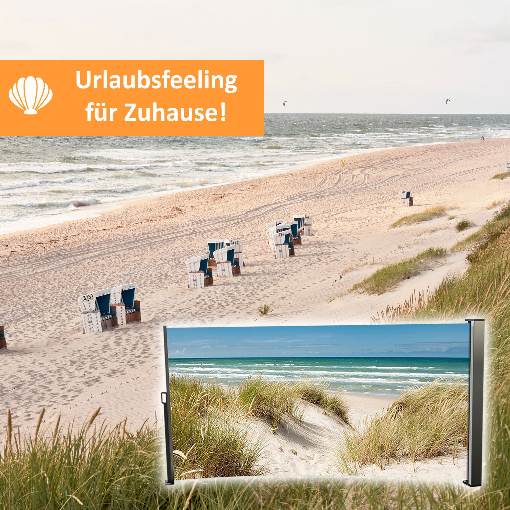 Seitenmarkise ausziehbar links, 180 cm hoch, Seitenrollo mit Fotodruck Ostsee NA098-R