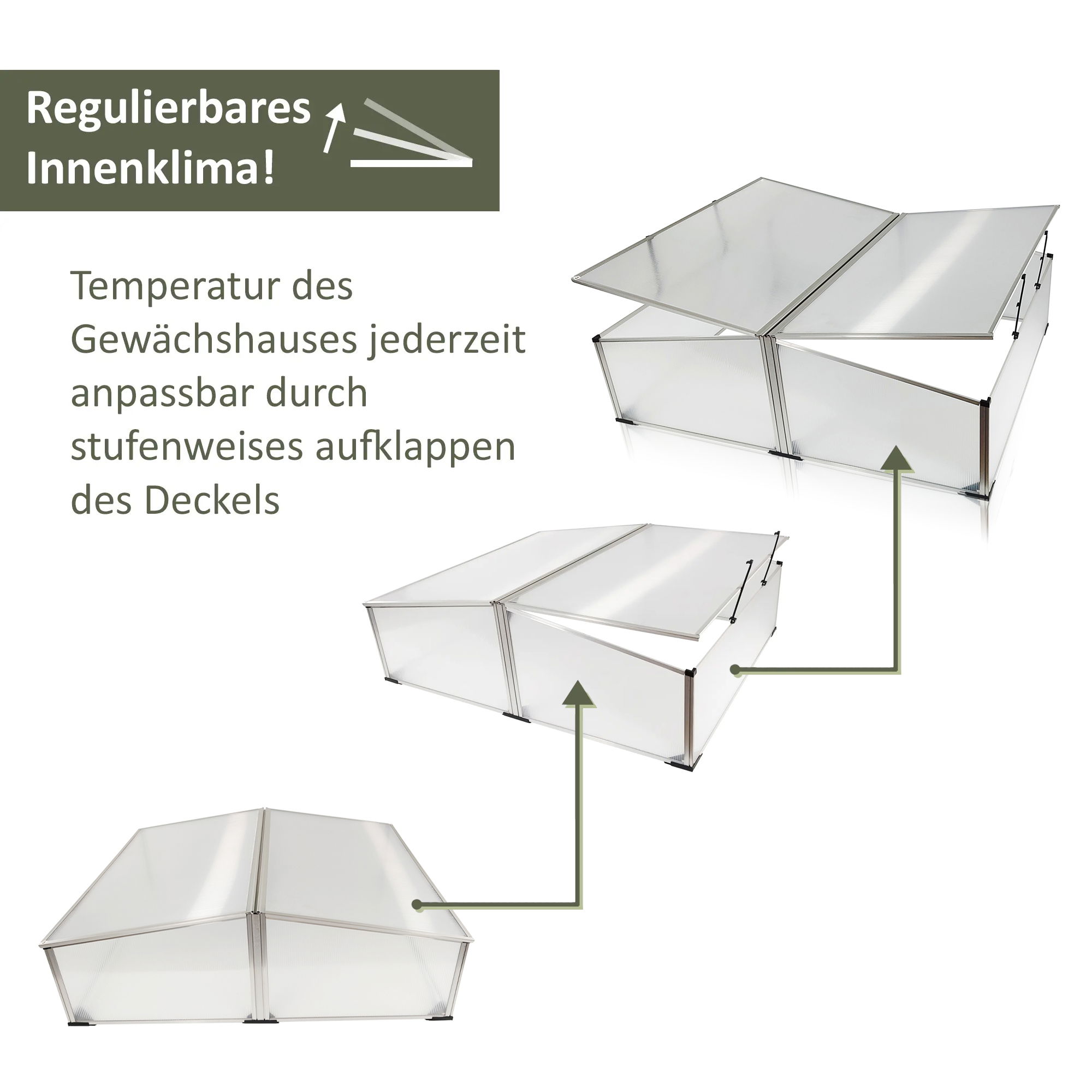 Doppel Frühbeet aus Aluminium, Treibhaus mit Aufstelldach, Frühbeetaufsatz als Stecksystem NA210