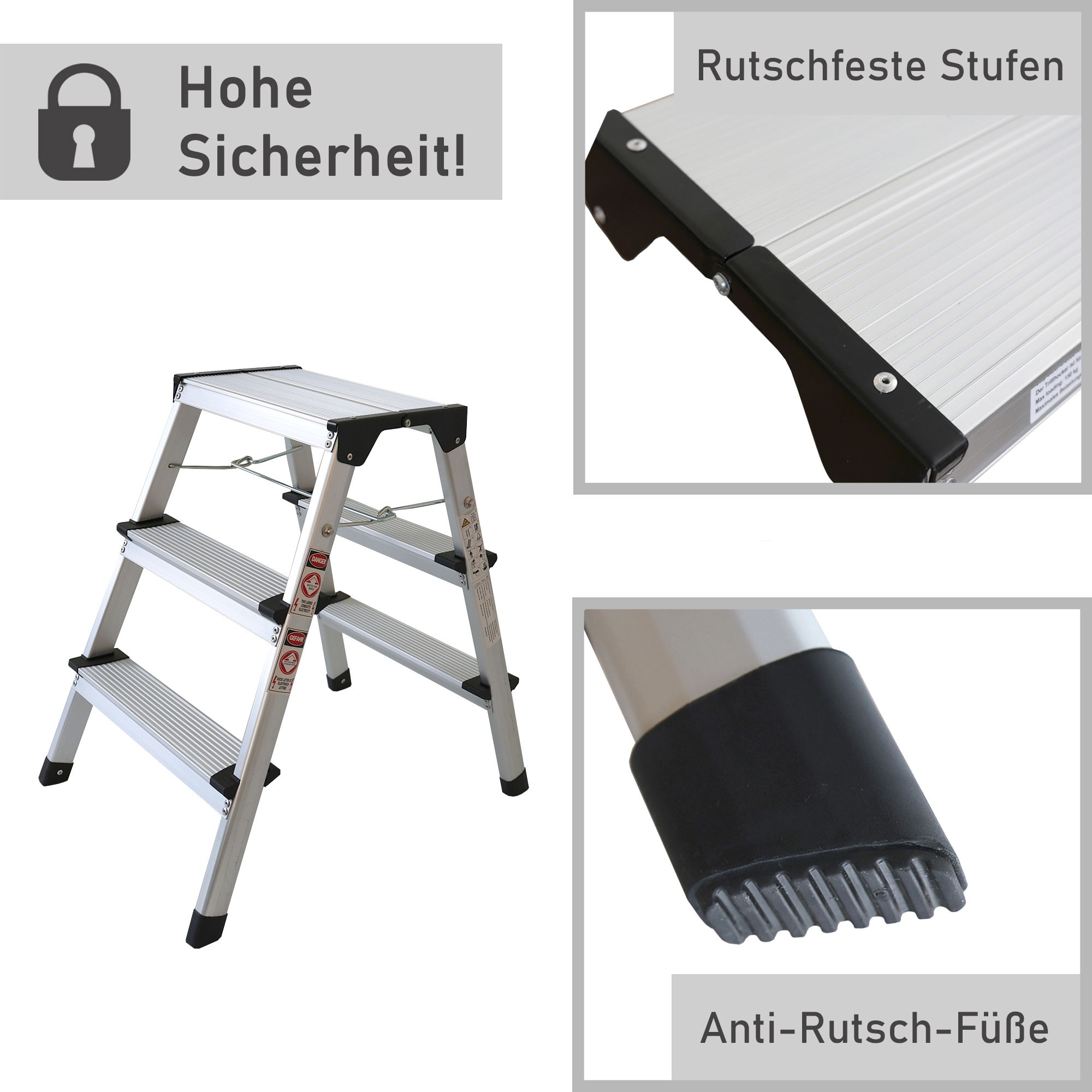 Klappbare Leiter 3 Stufen, Trittleiter aus Aluminium, Treppenleiter bis 150kg belastbar NA179