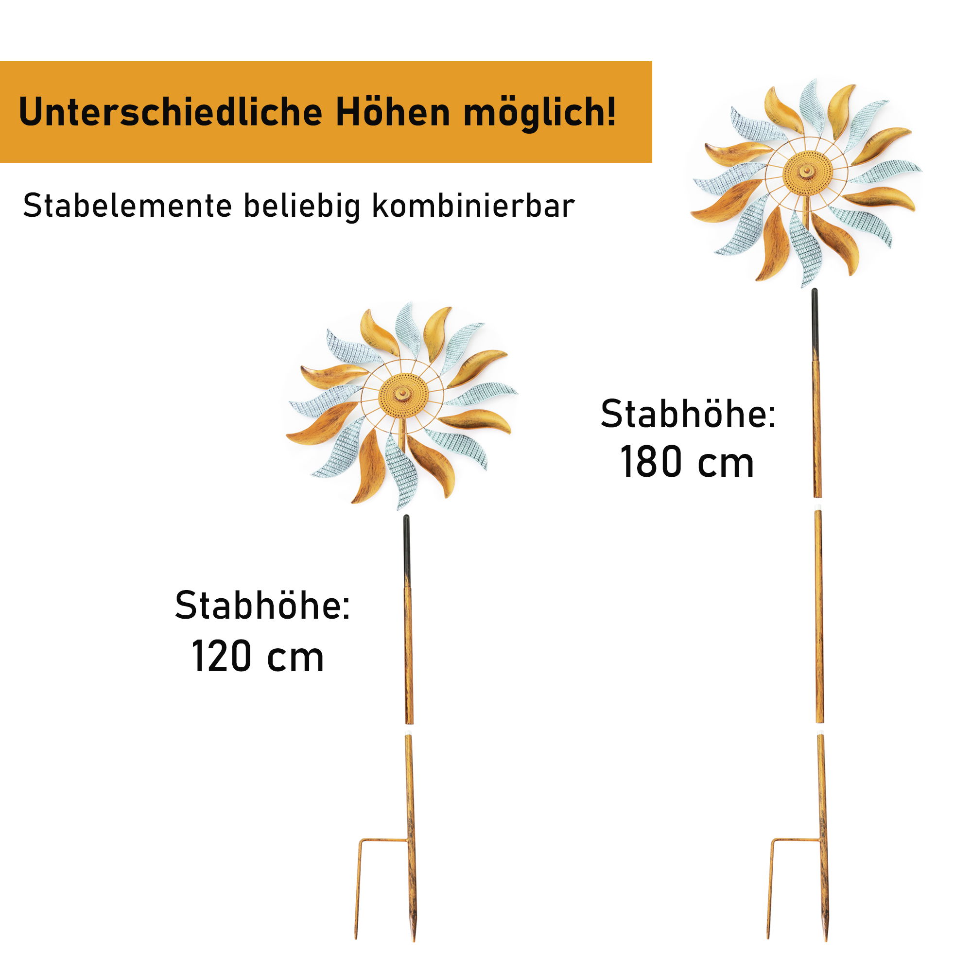 Windrad “Fire Flower”, Windspiel mit 2 gegenläufigen Rotoren, Gartendeko 213 cm hoch NA183