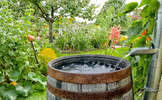 faltbare-regentonne wasserfass im garten befüllt über regenrinne