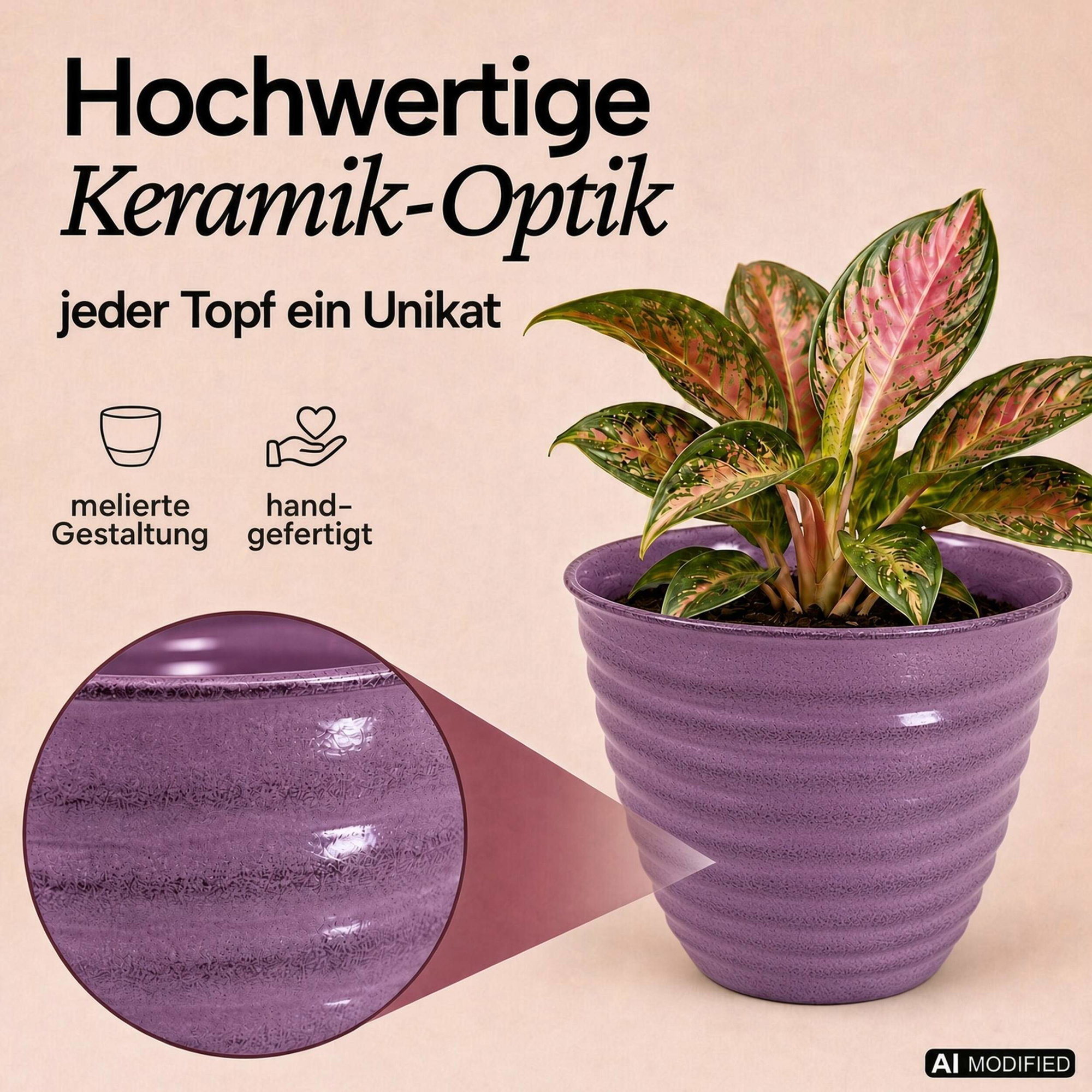 Lila Pflanztopf in gerippter Keramik-Optik Lila Pflanztopf in gerippter Keramik-Optik mit melierter Oberfläche, bepflanzt und mit Detailansicht