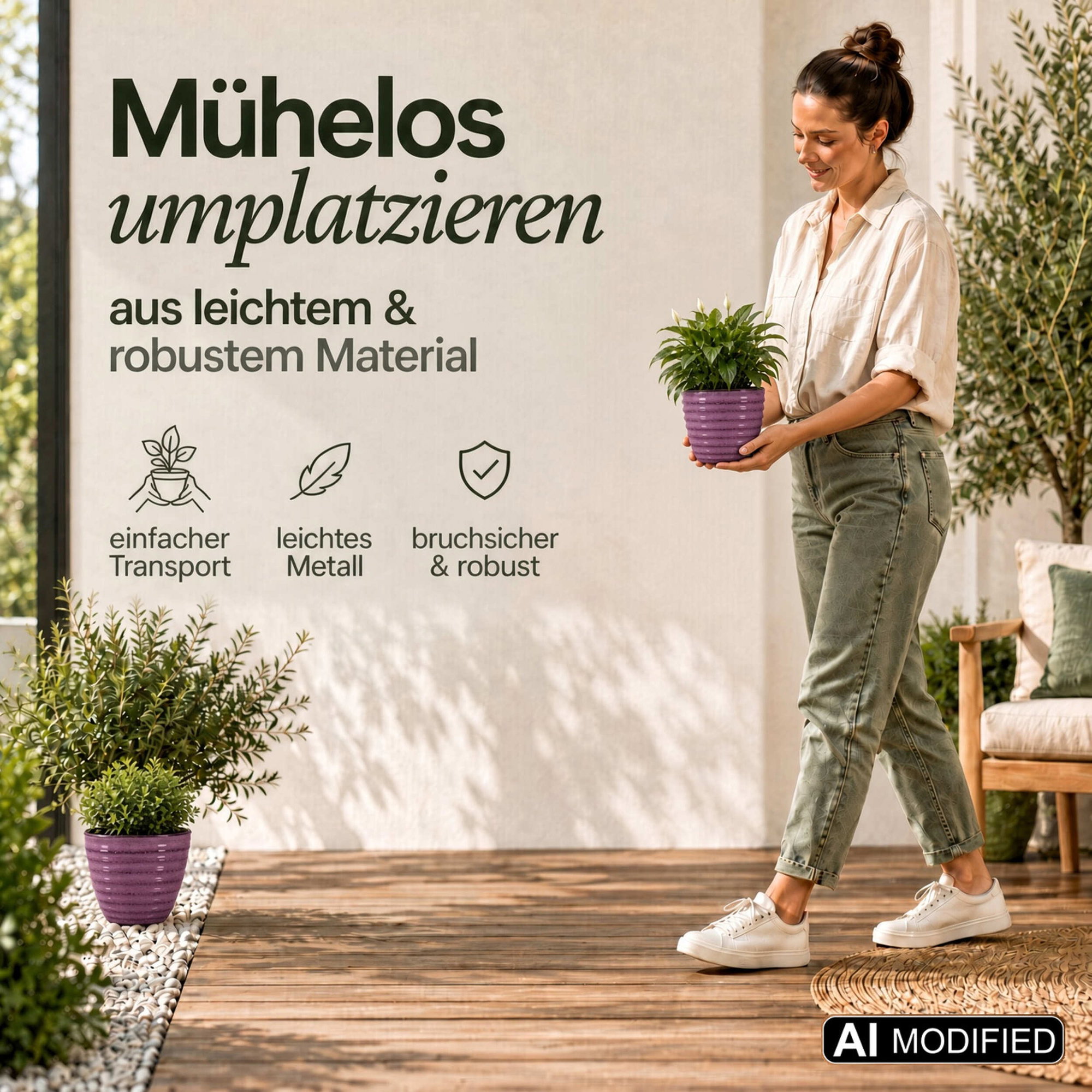 Lila gerippter Pflanztopf aus Metall mit Pflanze, in der Hand gehalten, weiteres Exemplar auf dem Boden