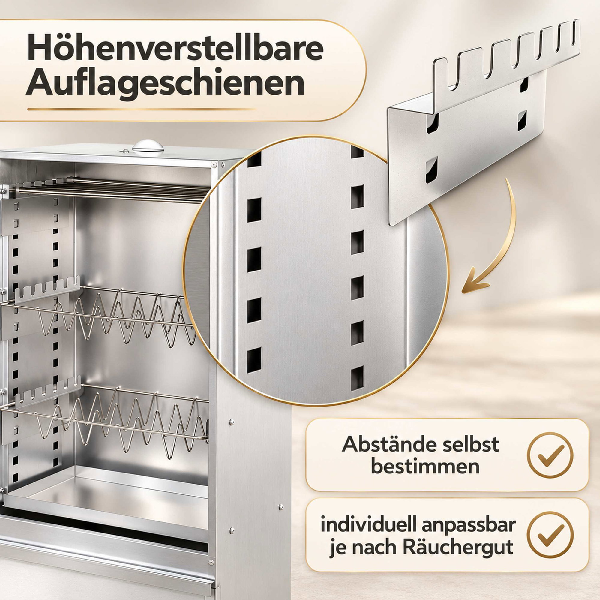 Räucherofen aus Stahl mit verstellbaren Auflageschienen Räucherofen aus Stahl mit höhenverstellbaren Auflageschienen und seitlichen Steckschlitzen