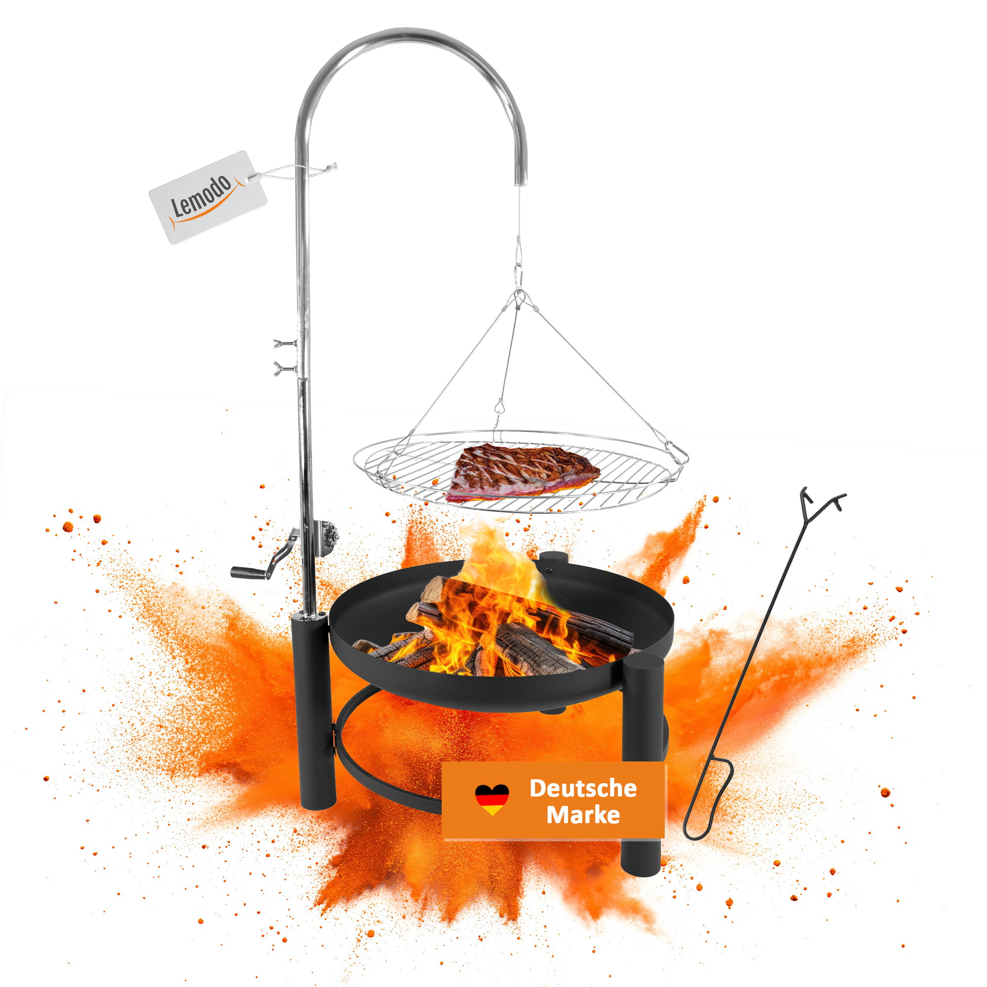 Holzkohlegrill mit stabiler Feuerschale, Schwenkgrill mit höhenverstellbarem Grillrost