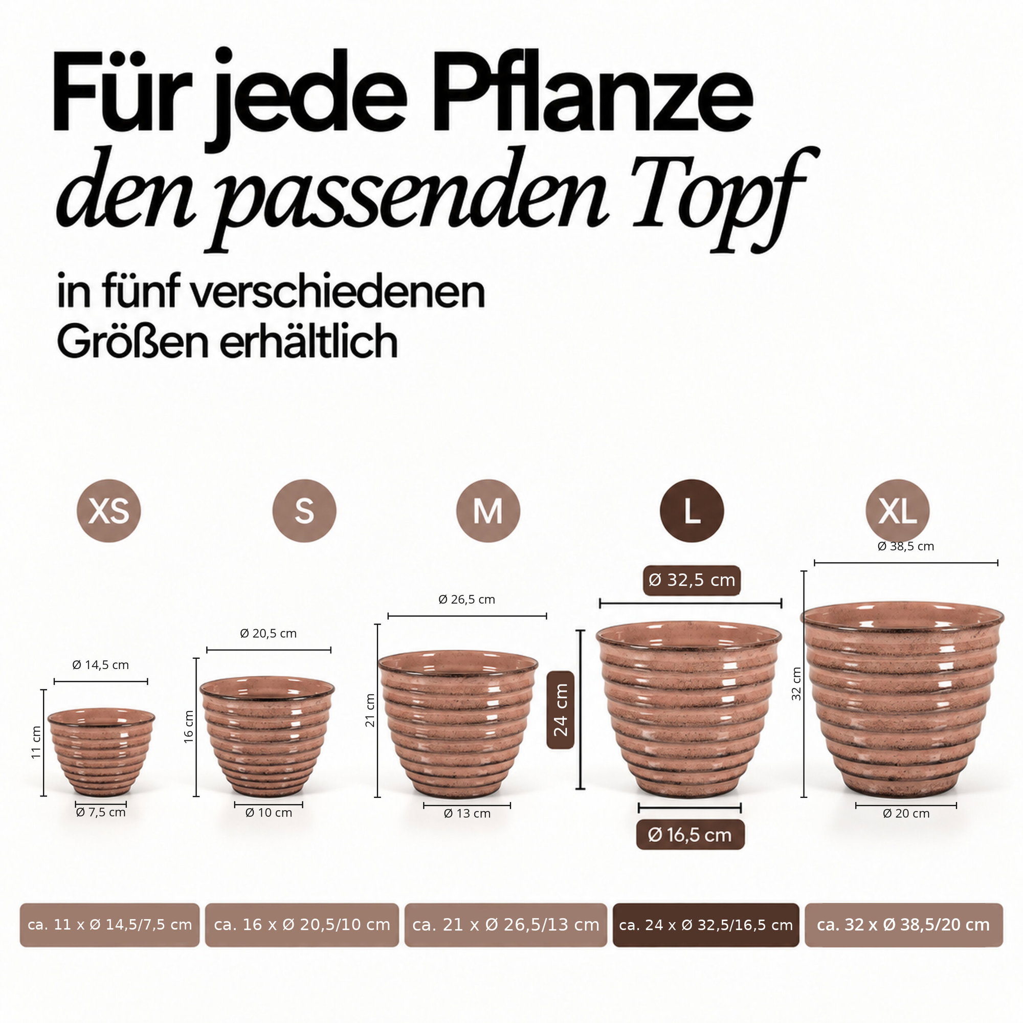 Gerippter rosa Pflanztopf Größe L – Größenübersicht Größenübersicht gerippter rosa Pflanztöpfe mit markierter Größe L und Maßen