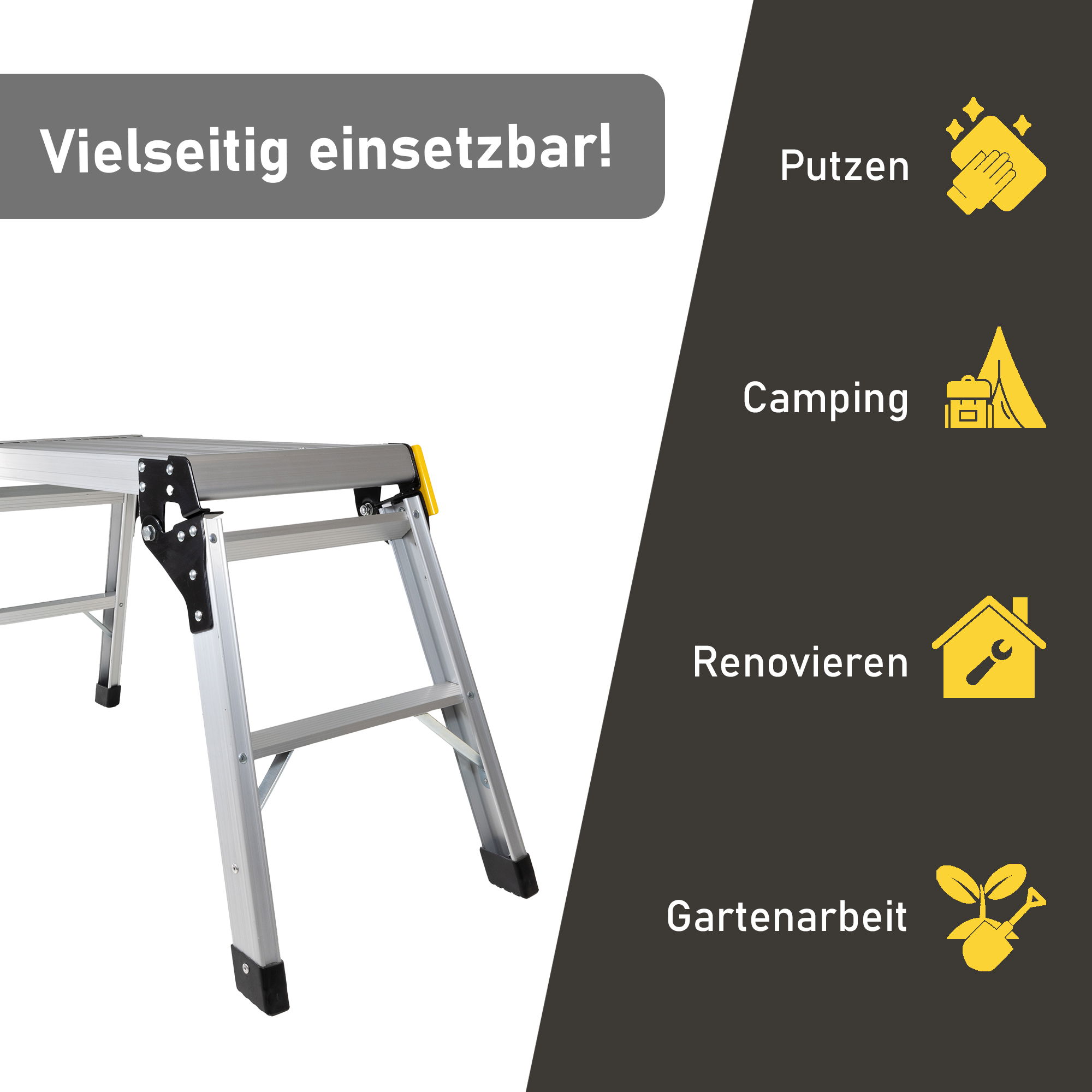 Kompakte Arbeitsplattform bis 150 kg belastbar, Arbeitsbühne 50 cm hoch, Aluleiter mit 2 Stufen NA205 Kompakte Arbeitsplattform bis 150 kg belastbar, Arbeitsbühne 50 cm hoch, Aluleiter mit 2 Stufen NA205