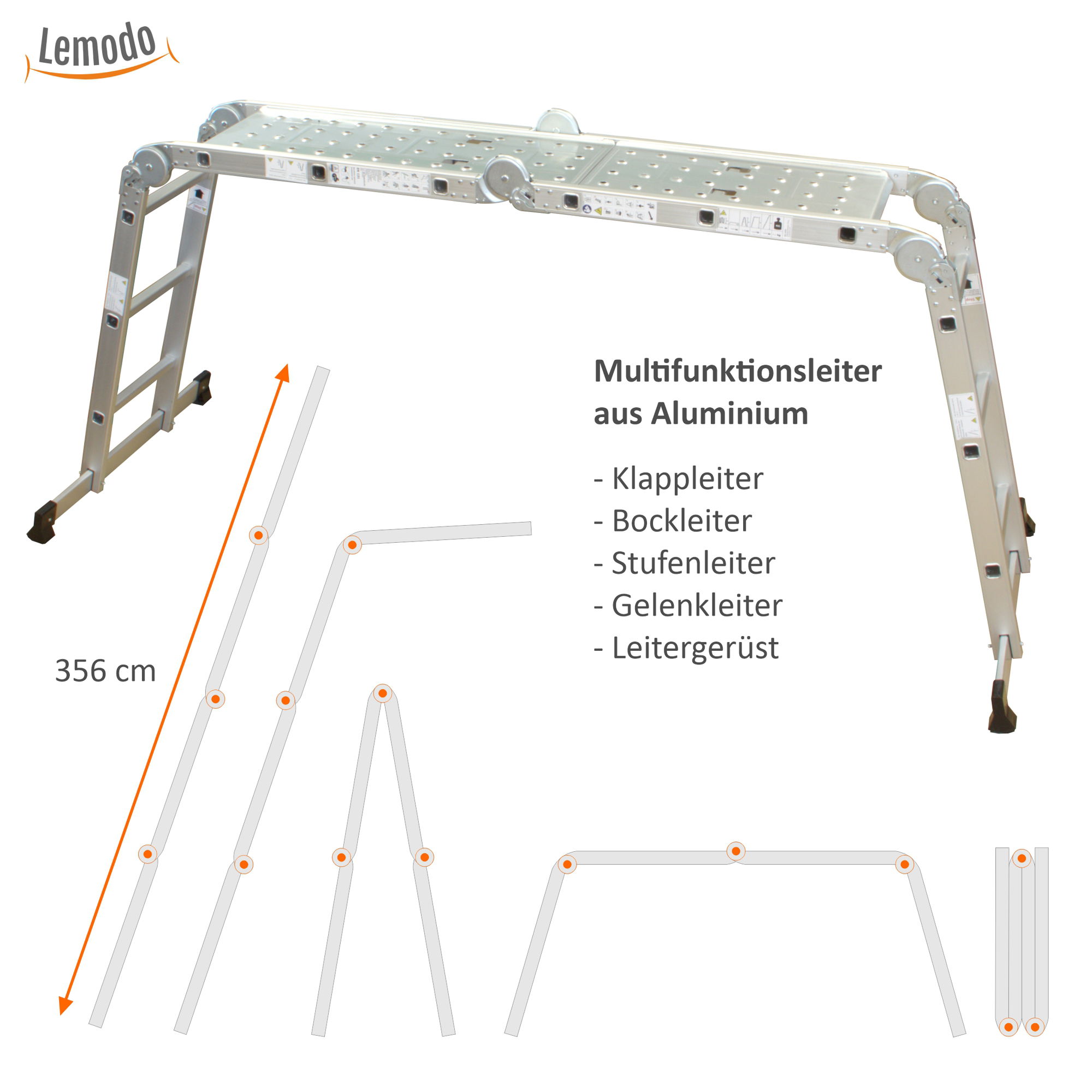 Aluminium Multifunktion Klappleiter 4-teilig, 3,5 m, bis 150 kg, Stehleiter, Leitergerüst NA146