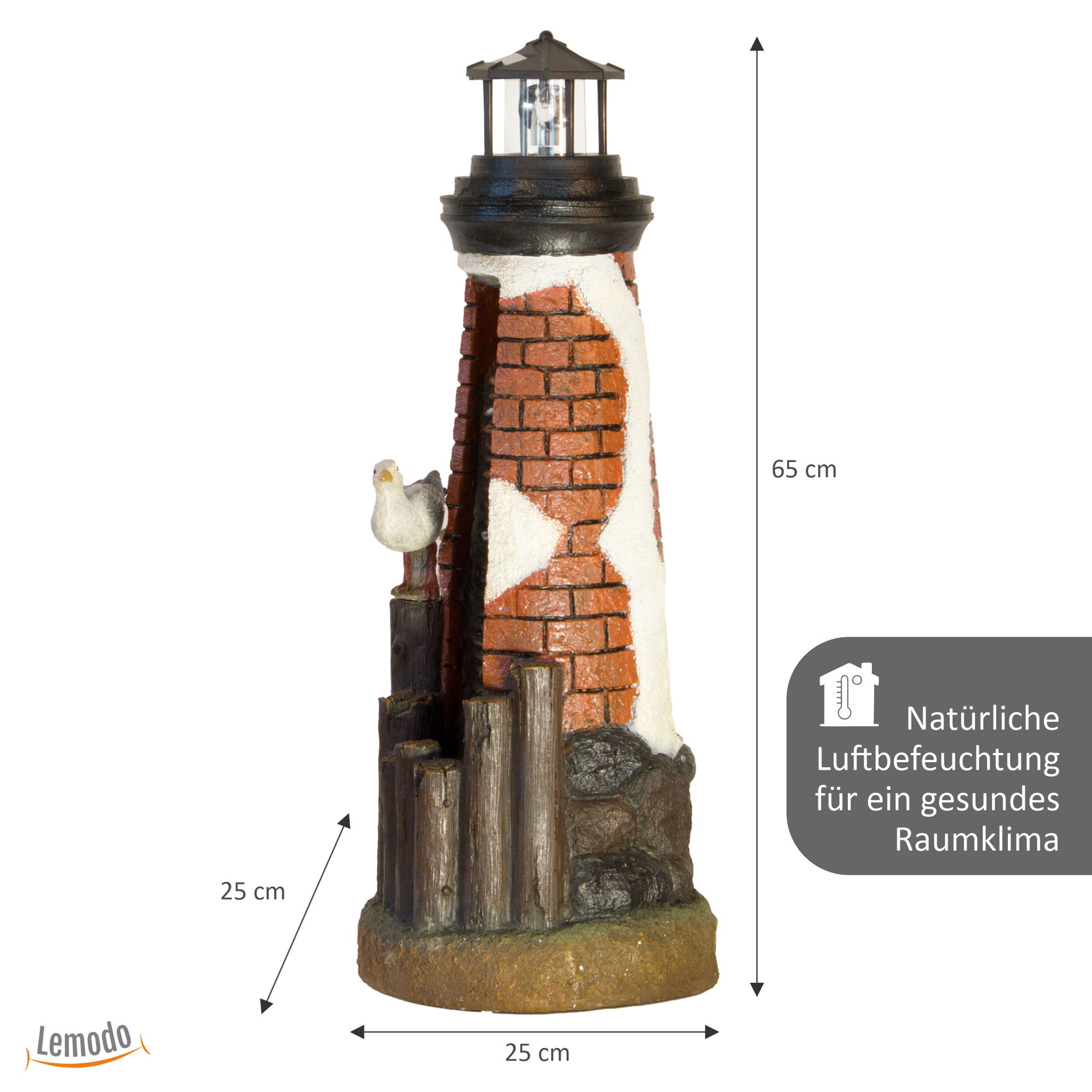 Gartenbrunnen Leuchtturm mit Möwe, Springbrunnen mit solarbetriebenem Leuchtfeuer NA144