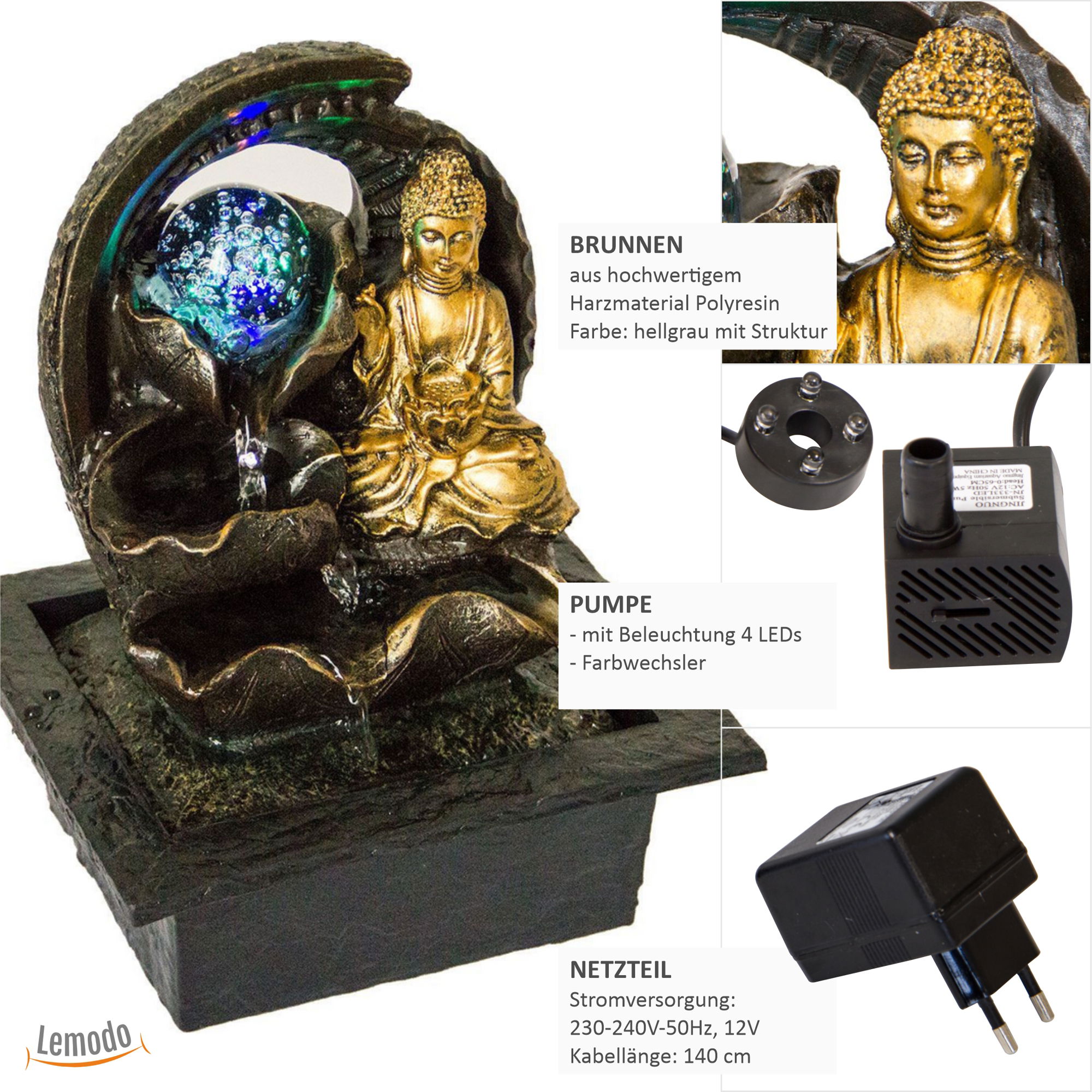 Zimmerbrunnen mit Buddha Gyan und LED Beleuchtung, Feng Shui Dekobrunnen für die Wohnung und Büro NA091