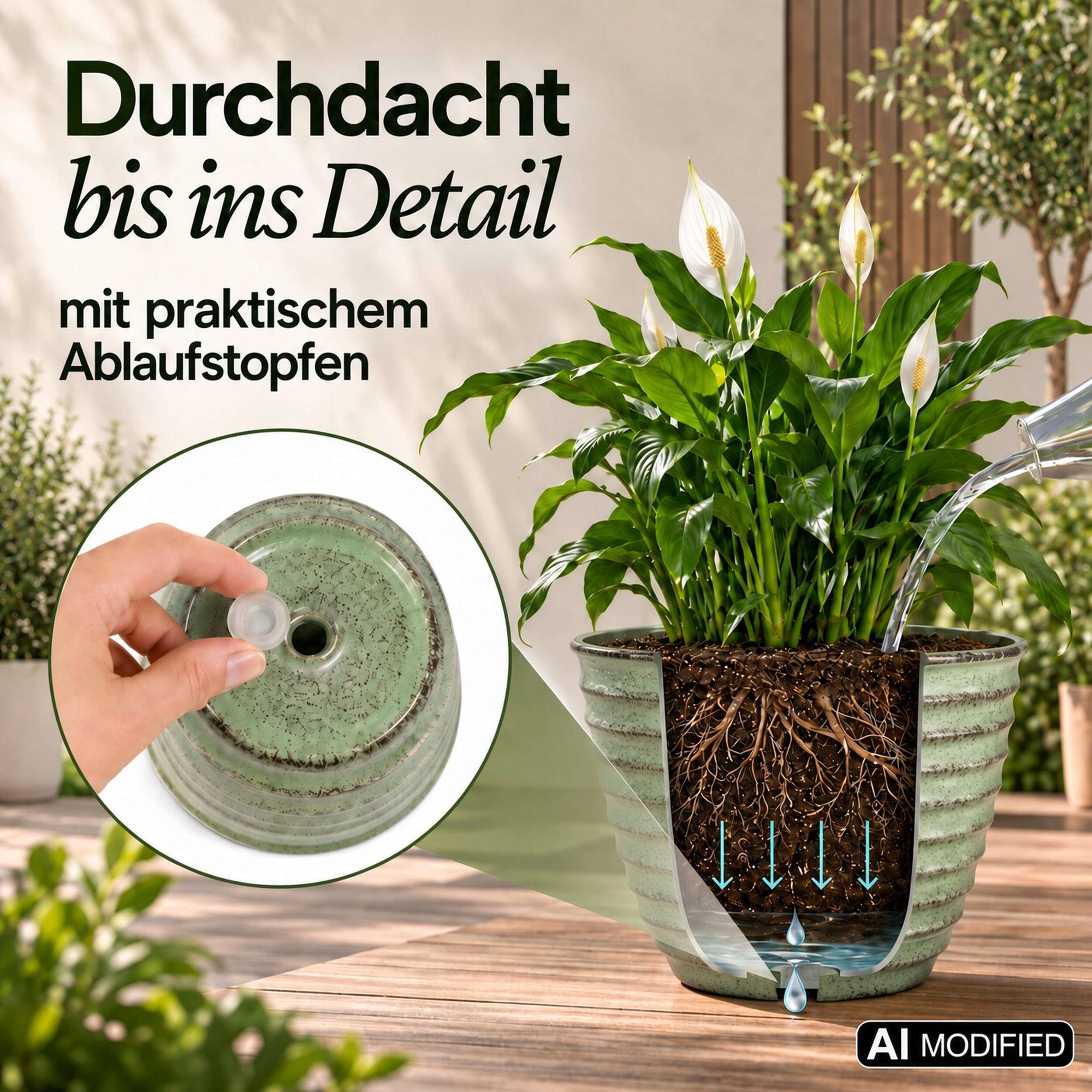 Grüner gerippter Pflanztopf mit Ablaufstopfen Grüner gerippter Pflanztopf mit Einsatz und Ablaufstopfen im Querschnitt dargestellt