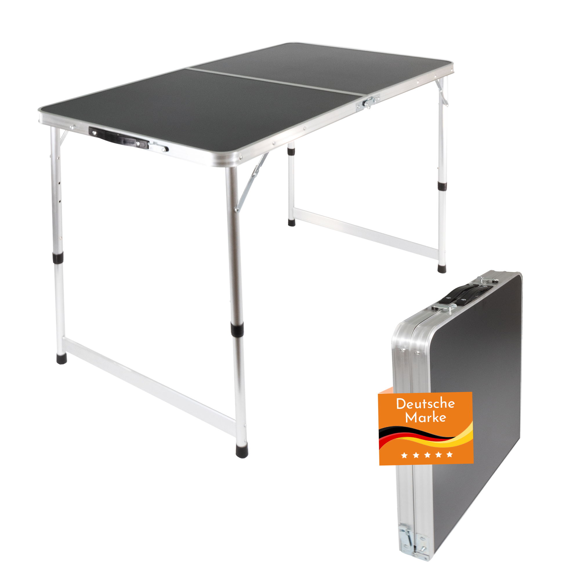 Höhenverstellbarer Klapptisch, schwarz, Campingtisch 120 x 60 cm, Tapeziertisch