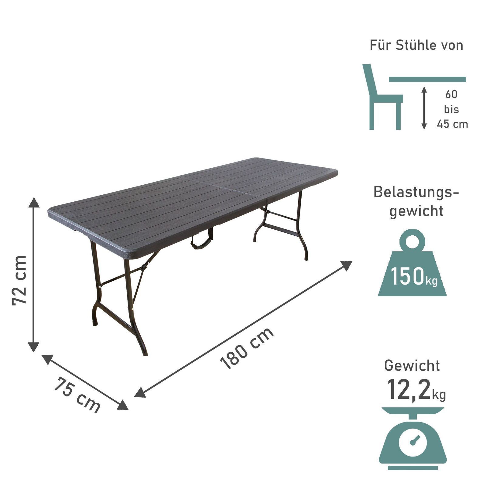 Gartentisch in Holzoptik, Klapptisch 180 x 75 cm, Buffettisch bis 150 kg belastbar TB013