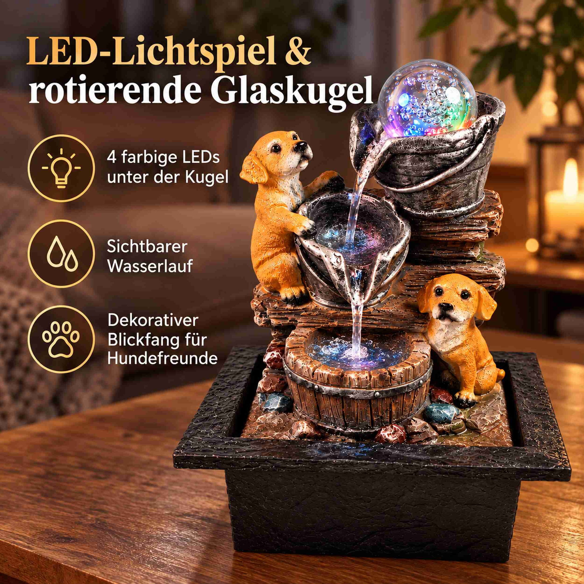 Zimmerbrunnen mit zwei Hunden, beleuchteter Glaskugel und sichtbarem Wasserlauf auf Holzbasis