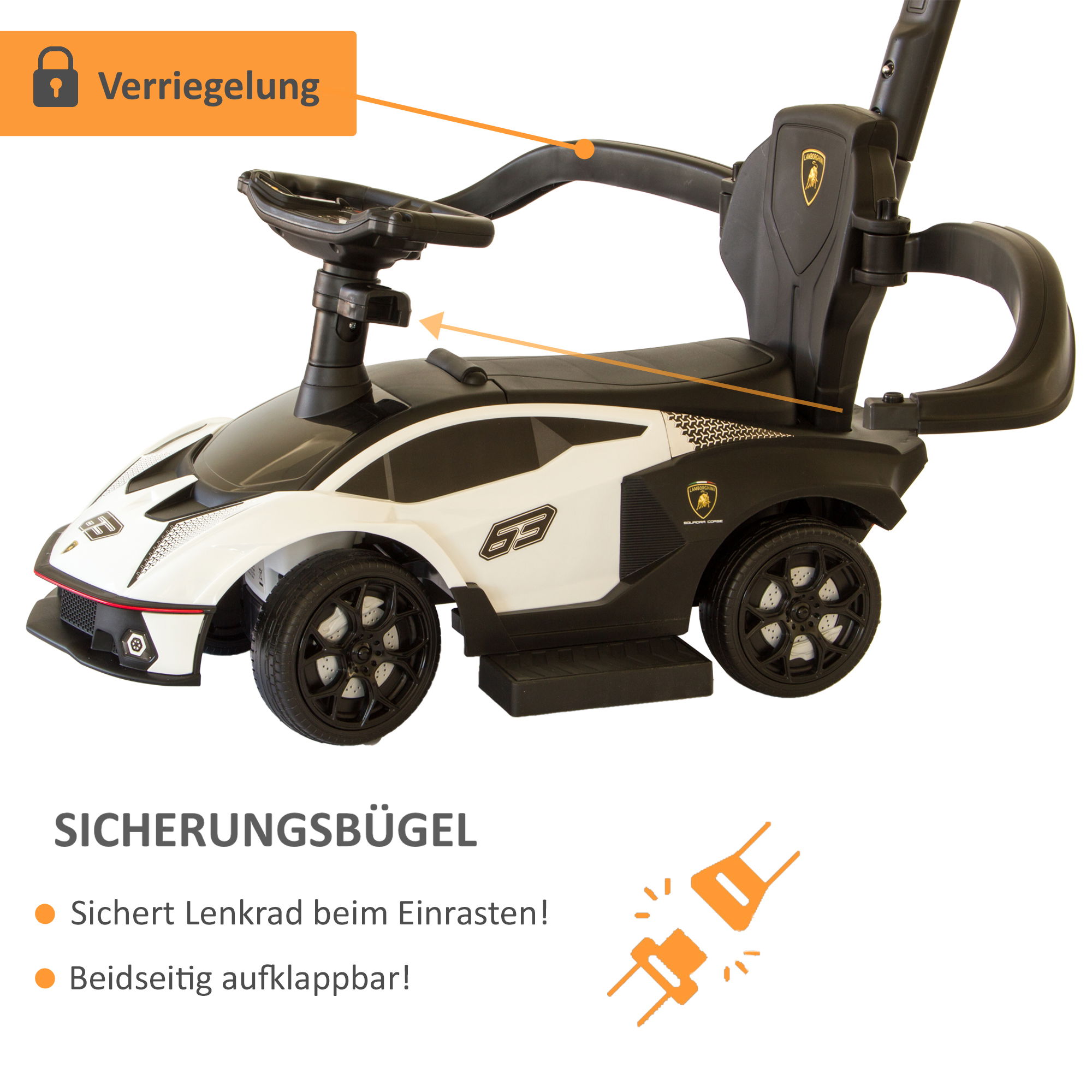 Rutschauto in weiß, Kinderfahrzeug mit Sicherheitsbügel, Rutscher Auto mit Schiebestange ab 1 Jahr PT008_W