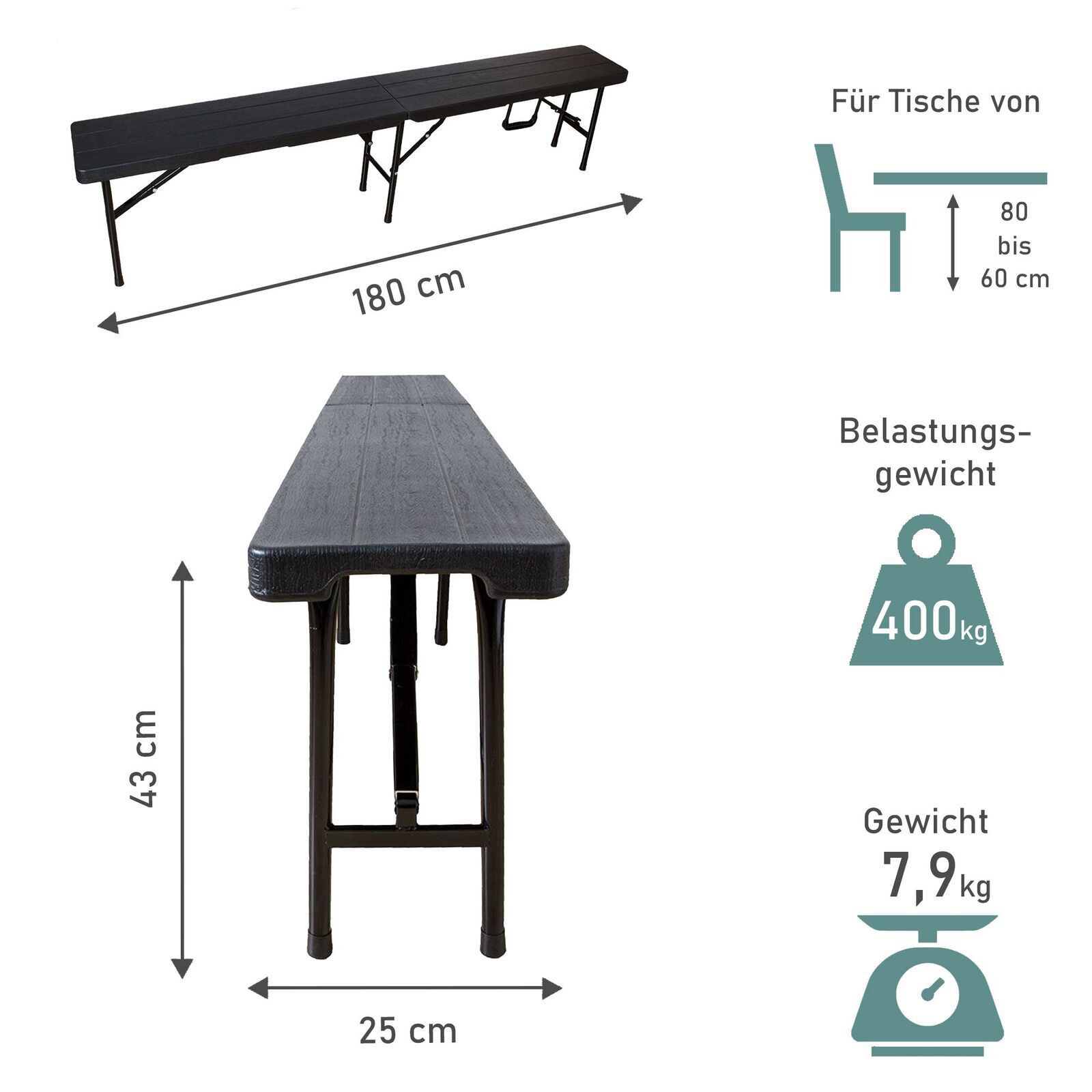 Klappbank im 2er Set, mobile Sitzbank 180 x 25 cm, klappbare Bierbank für 4 Personen TB014