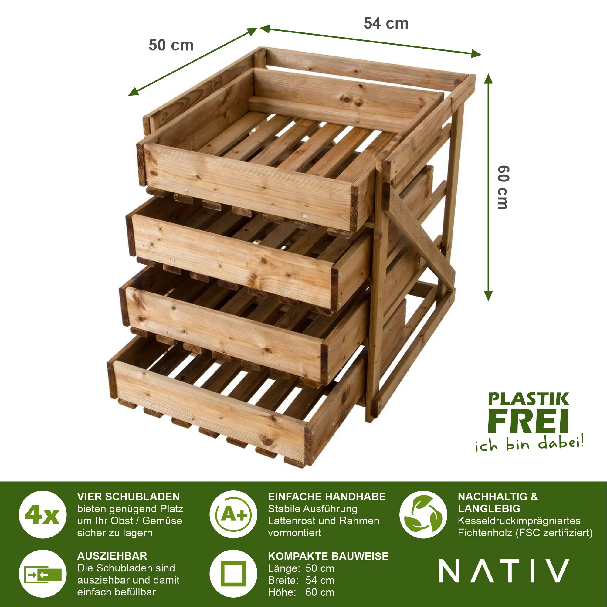Obstkiste mit 4 Schubladen, braun, Kartoffelkiste aus Holz, kompakte Gemüsekiste NA002