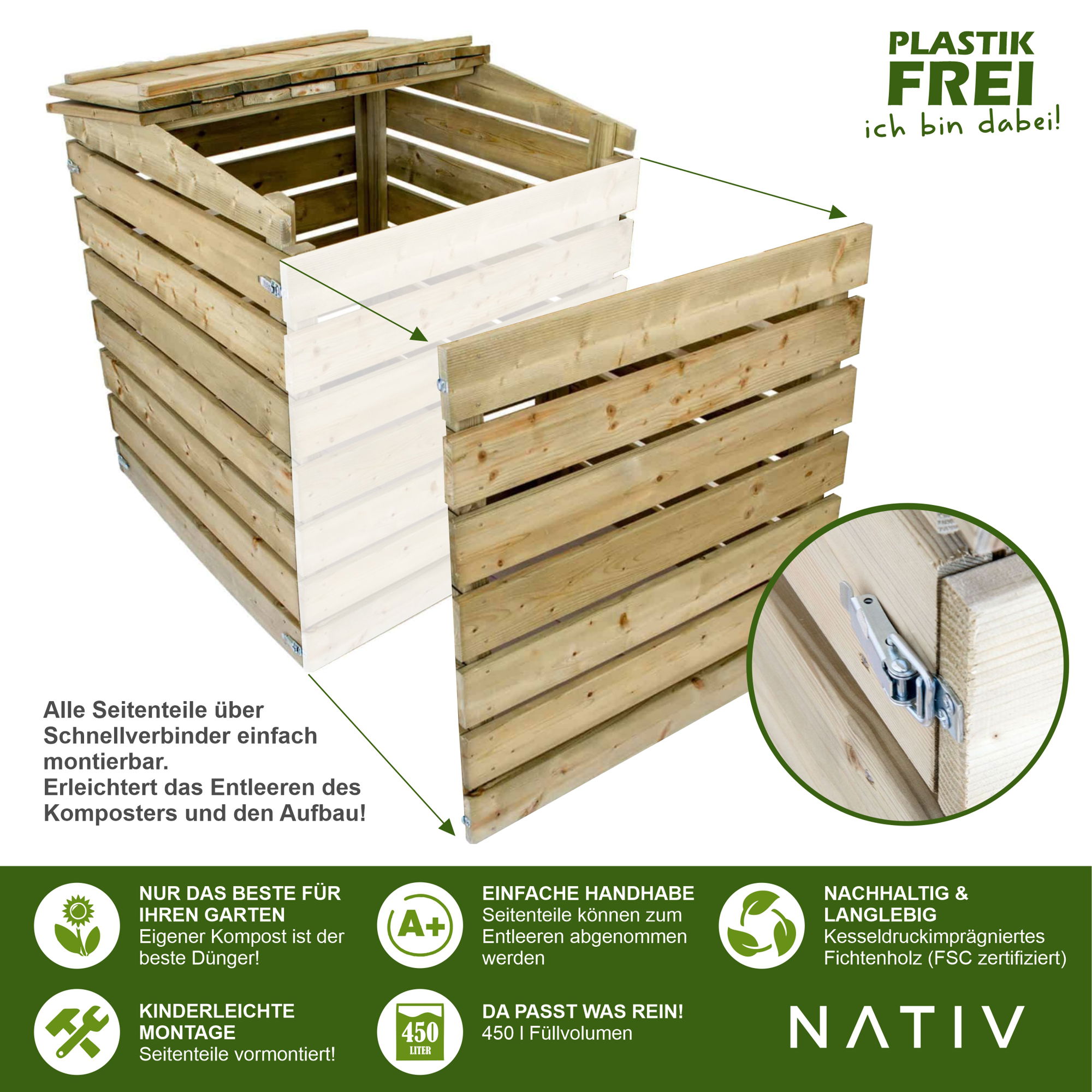Holzkomposter, Schnellkomposter mit 450l Füllvolumen, Komposter Holz mit Deckel NA001 Holzkomposter, Schnellkomposter mit 450l Füllvolumen, Komposter Holz mit Deckel NA001