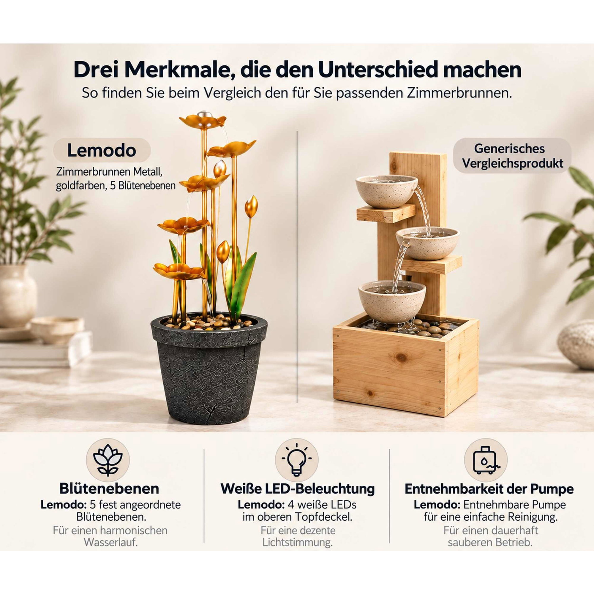 Goldfarbener Zimmerbrunnen aus Metall mit fünf Blütenebenen, vier weißen LEDs und herausnehmbarer Pumpe neben einem Vergleichsprodukt aus Holz