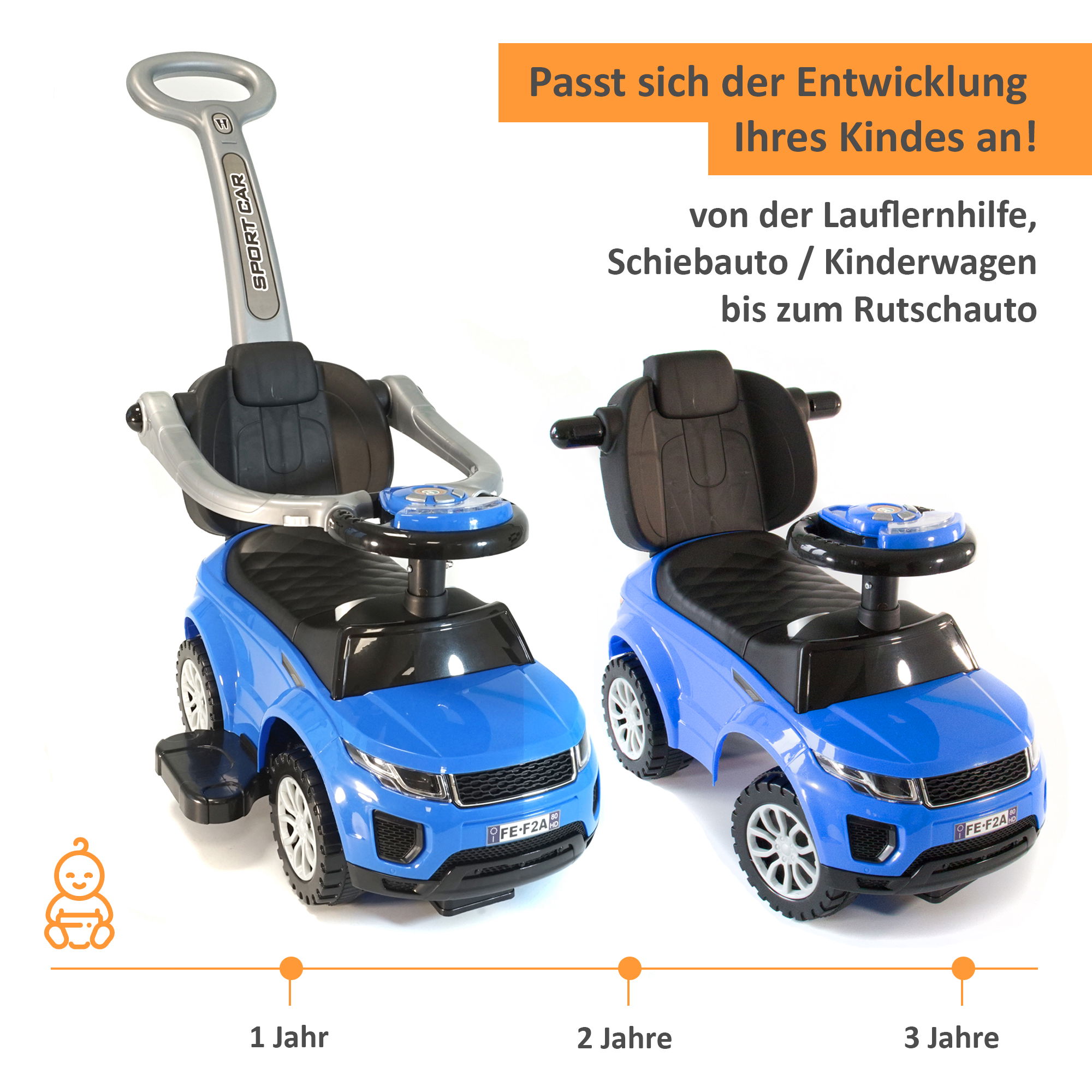 Rutschauto in blau mit Schiebestange, Rutschfahrzeug ab 1 Jahr, Rutscherfahrzeug mit Sicherheitsbügel BS019
