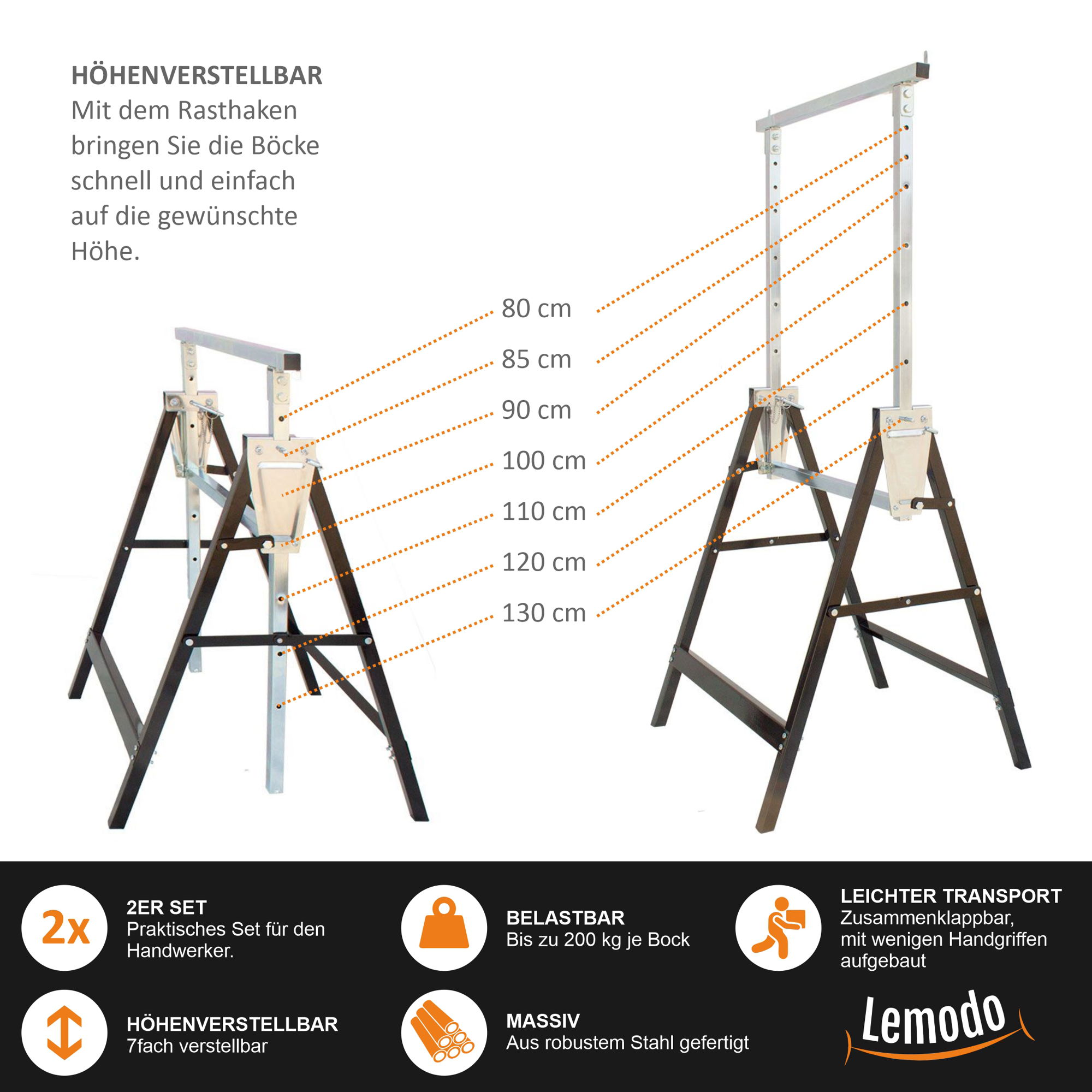 Arbeitsbock 2er Set, Gerüstbock höhenverstellbar, Klappbock mit 200 kg Tragkraft YT005 Arbeitsbock 2er Set, Gerüstbock höhenverstellbar, Klappbock mit 200 kg Tragkraft YT005