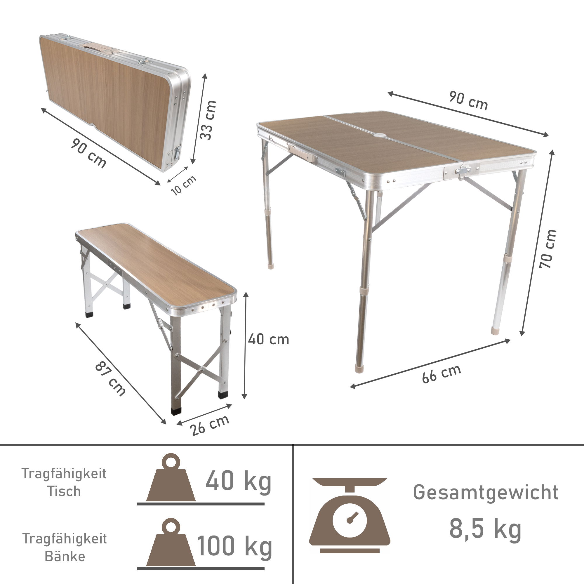 Klapptisch mit 2 Bänken, Campingtisch klappbar aus Aluminium mit Sonnenschirmhalter WT003