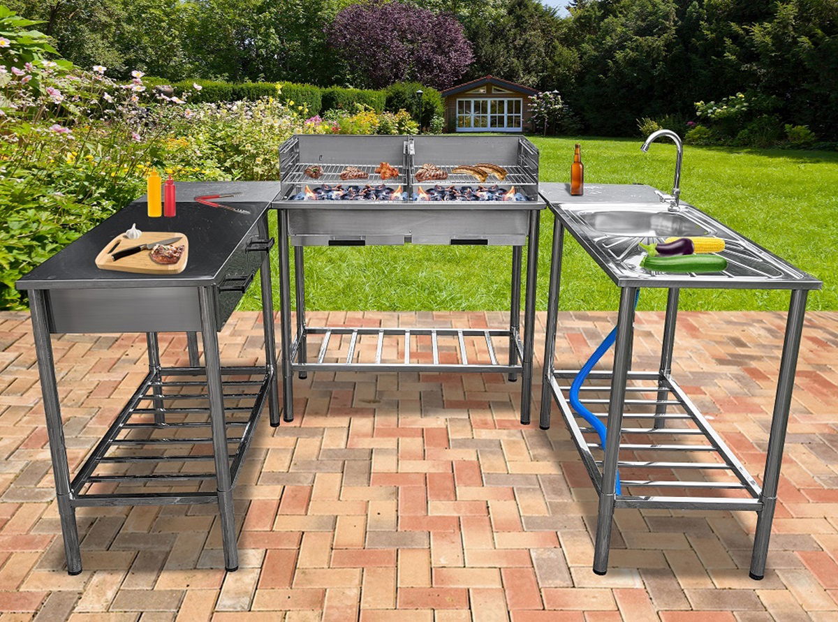 Outdoor-Küche aus Edelstahl, Außenküche zum kochen im Freien, Gartenküche, Grillküche