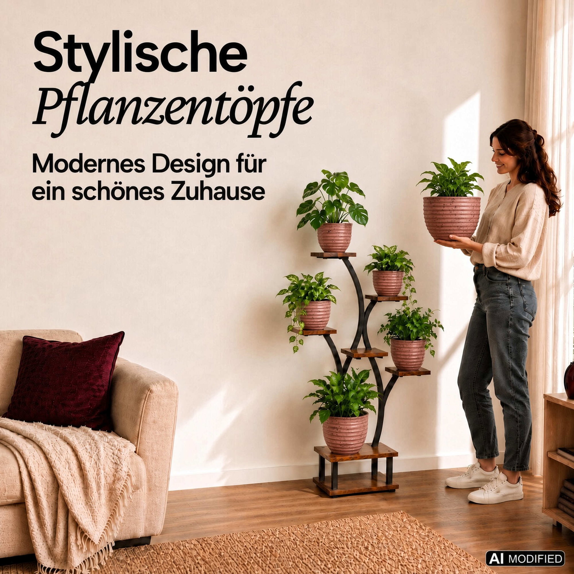 Rosa gerippte Pflanztöpfe in Keramik-Optik auf Pflanzenständer im Wohnraum