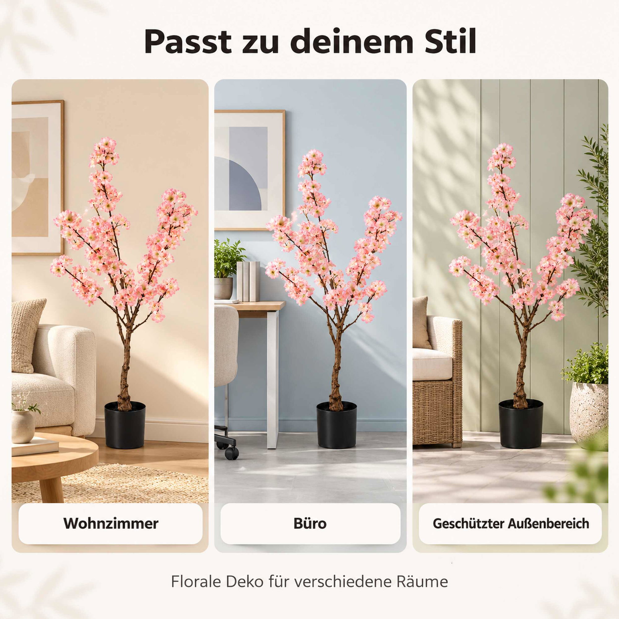 Kirschblütenbaum 120 cm rosa-weiß mit Topf Künstlicher Kirschblütenbaum, 120 cm hoch, rosa-weiße Blüten, im schwarzen Topf, in drei Wohnszenen: Wohnzimmer, Büro und geschützter Außenbereich.
