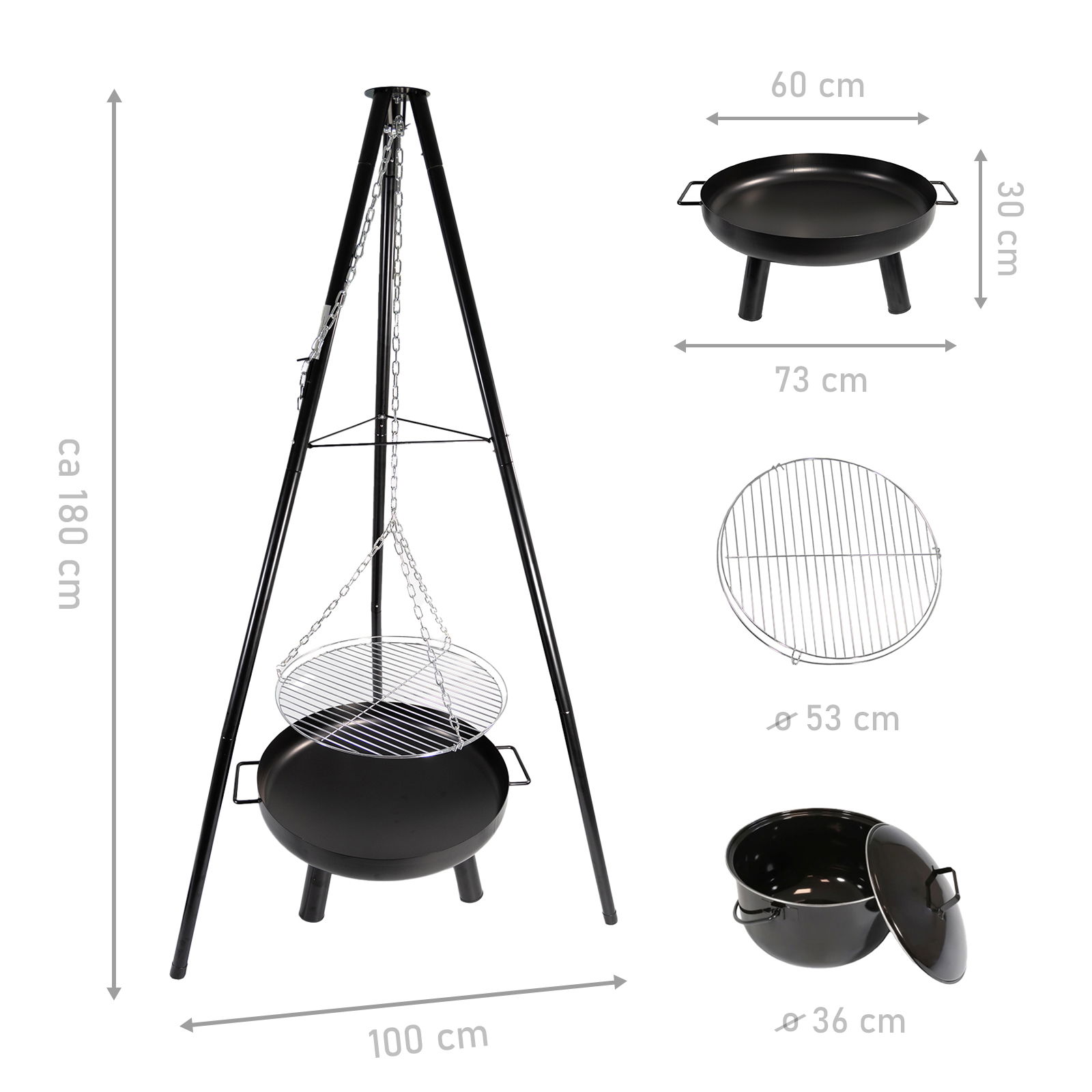 Schwenkgrill mit Feuerschale, 52 cm großer Grillrost, Dreibein Grill mit Gulaschtopf NA213