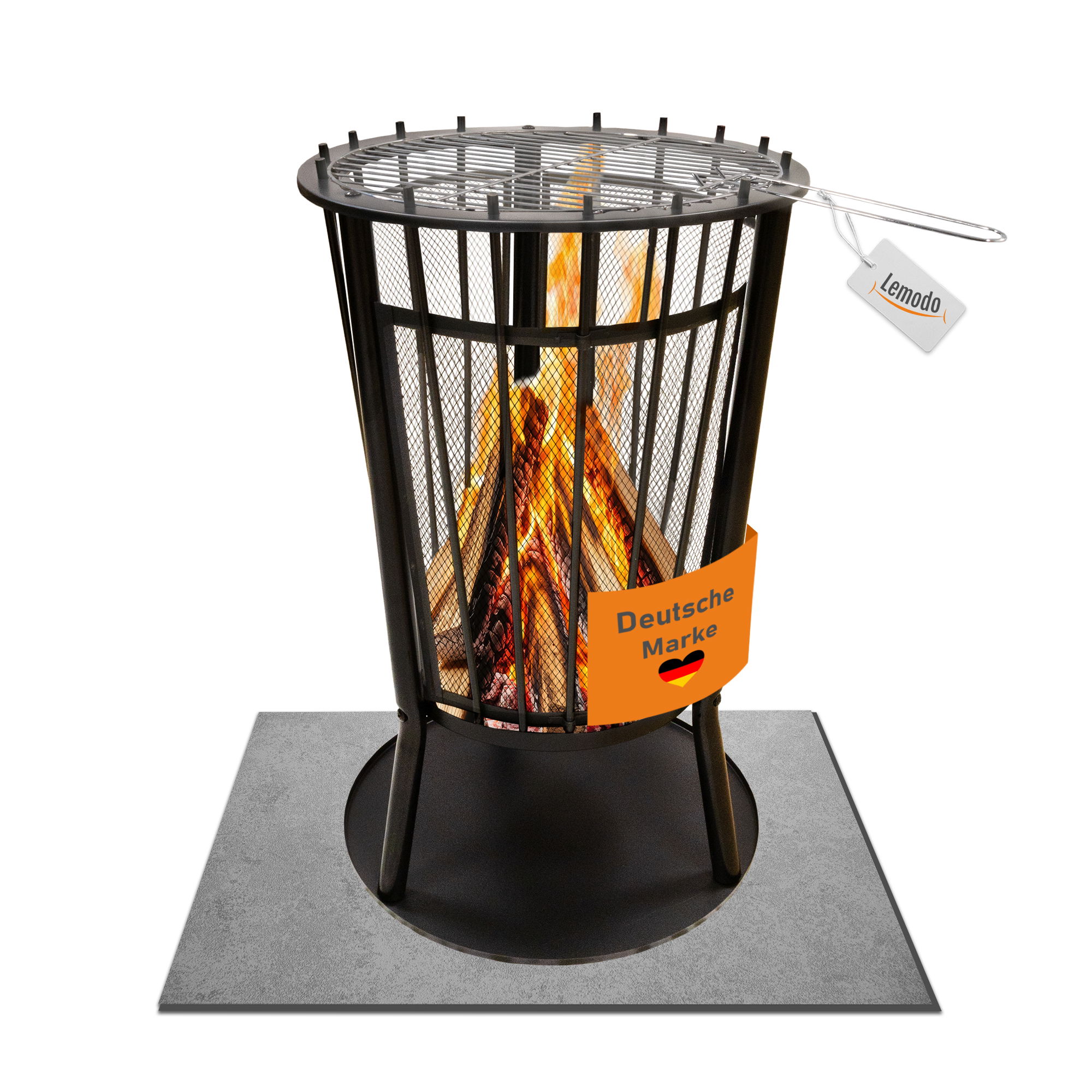 Feuerkorb mit Grillgitter und Funkenschutz, Robuste Feuerschale 65cm hoch 