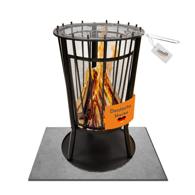 Feuerkorb mit Grillgitter und Funkenschutz, Robuste Feuerschale 65cm hoch