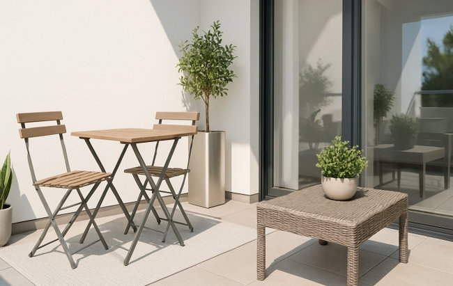 Modern eingerichtete Terrasse mit minimalistischen Gartenmöbeln und Holzsichtschutz