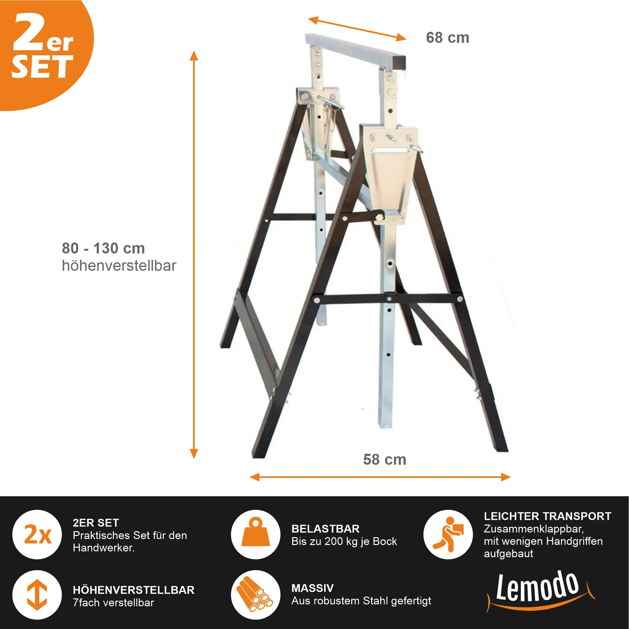 Arbeitsbock 2er Set, Gerüstbock höhenverstellbar, Klappbock mit 200 kg Tragkraft YT005