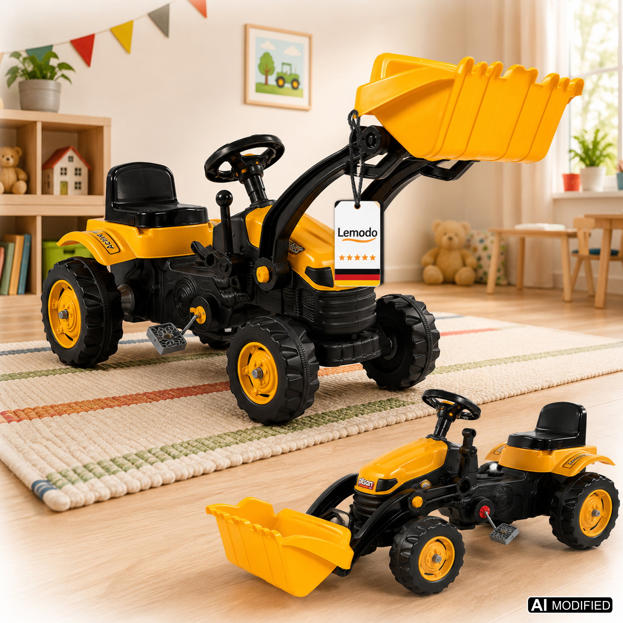 Trettraktor mit Schaufel gelb, Kinder Traktor ab 3 Jahre, Traktor zum draufsitzen Trettraktor mit Schaufel gelb, Kinder Traktor ab 3 Jahre, Traktor zum draufsitzen