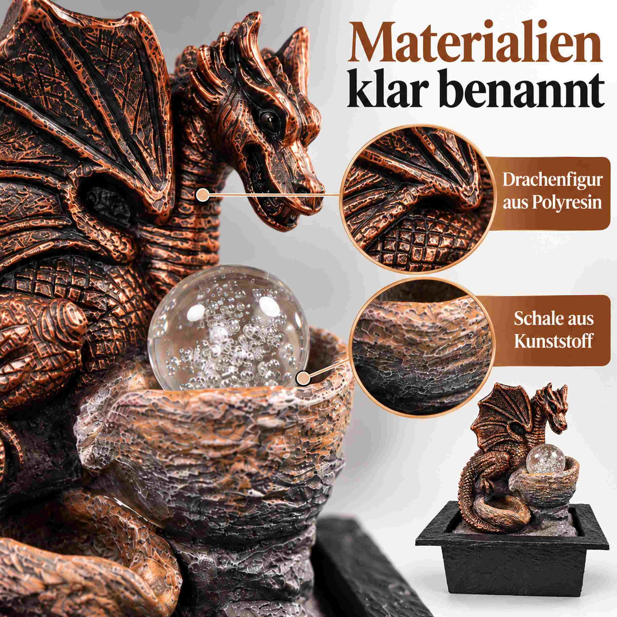 Zimmerbrunnen Drache mit Glaskugel – Materialdetails Nahaufnahme eines kupferfarbenen Drachen-Zimmerbrunnens mit Glaskugel, Detailansichten der Polyresin-Figur und der Kunststoffschale sowie Gesamtansicht auf schwarzem Sockel.