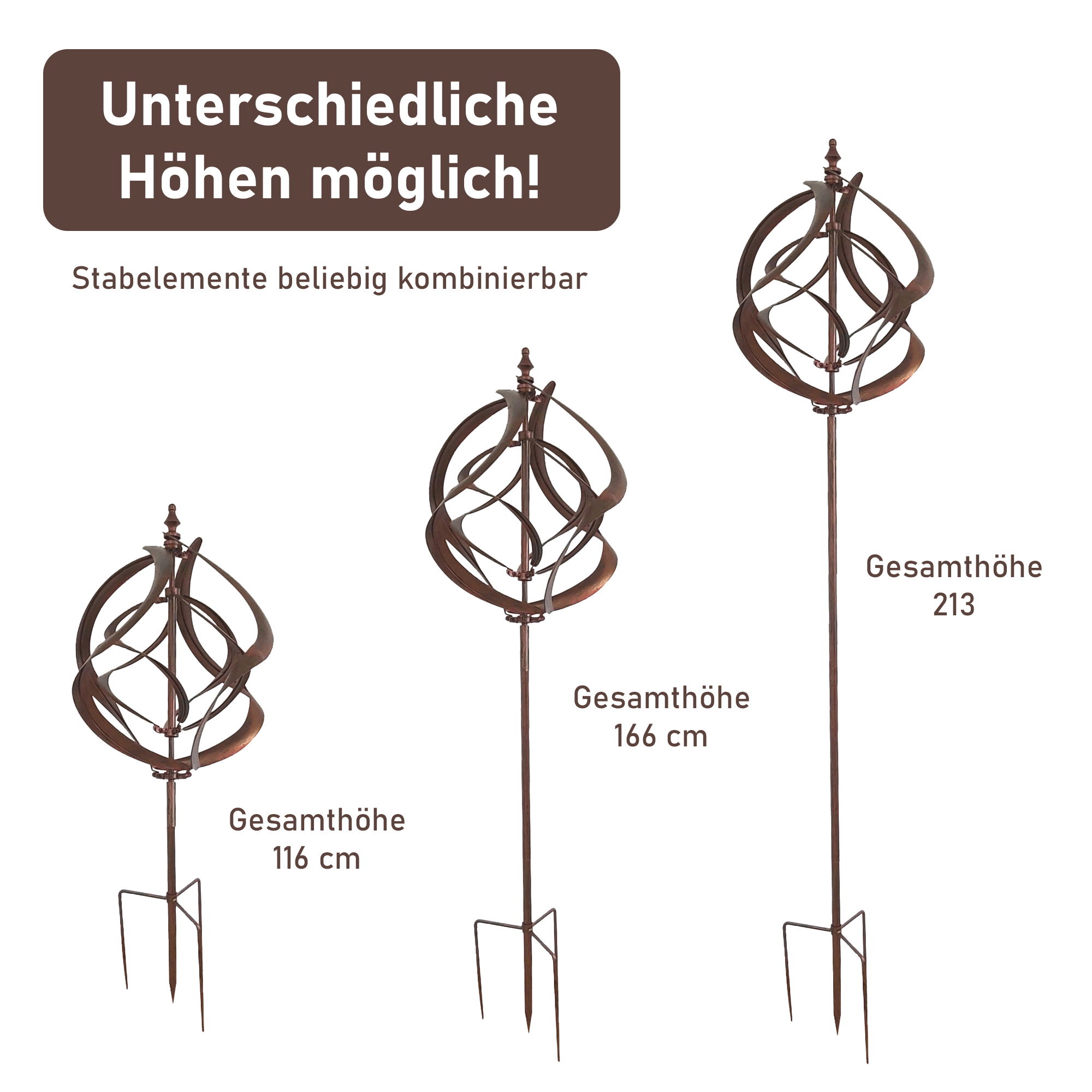 Großes Windspiel aus Metall mit 2 gegenläufigen Rotoren, kupferoptik, Gartendeko, 213 cm hoch NA201