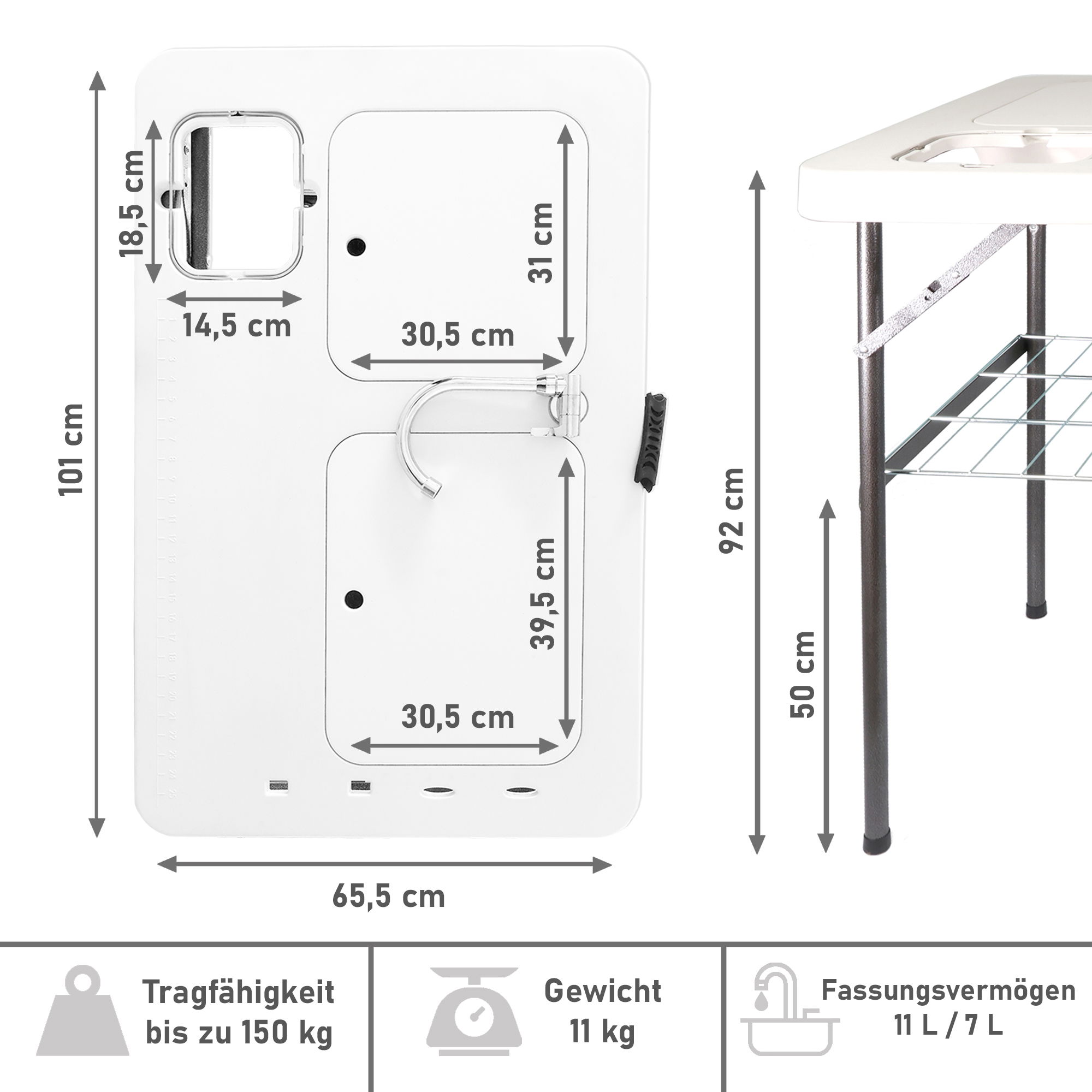 Klappbarer Filetiertisch, Camping Spüle mit 2 Spülbecken und Sprühdüse BL100