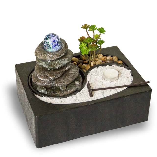 Zimmerbrunnen mit LED-Beleuchtung, Feng Shui Dekobrunnen mit Yin Yang Felsengarten für die Wohnung Zimmerbrunnen mit LED-Beleuchtung, Feng Shui Dekobrunnen mit Yin Yang Felsengarten für die Wohnung