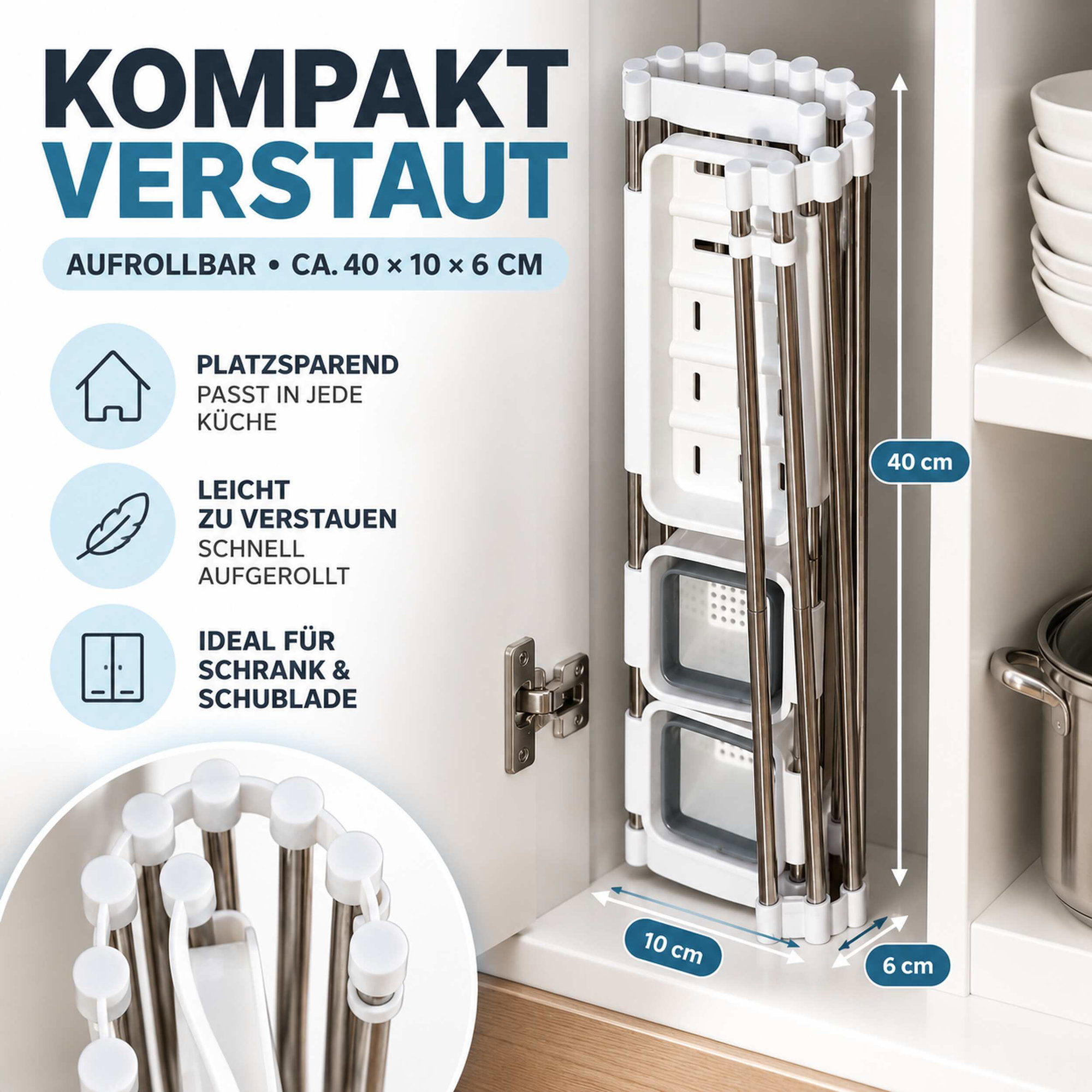 Abtropfgestell ausziehbar zusammengerollt im Küchenschrank Zusammengerolltes Abtropfgestell mit Edelstahlstäben im Küchenschrank, Maße ca. 40 x 10 x 6 cm