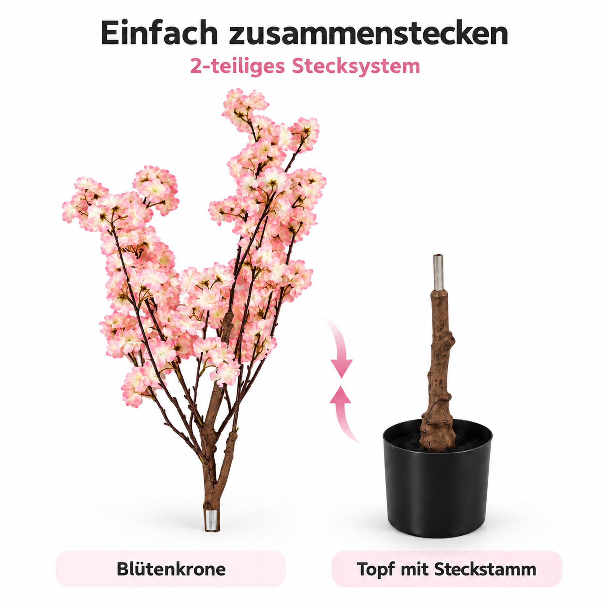 Künstlicher Kirschblütenbaum 120 cm rosa-weiß im Topf Künstlicher Kirschblütenbaum mit rosa-weißen Blüten, zweiteiligem Stecksystem, Blütenkrone und Stamm im schwarzen Topf