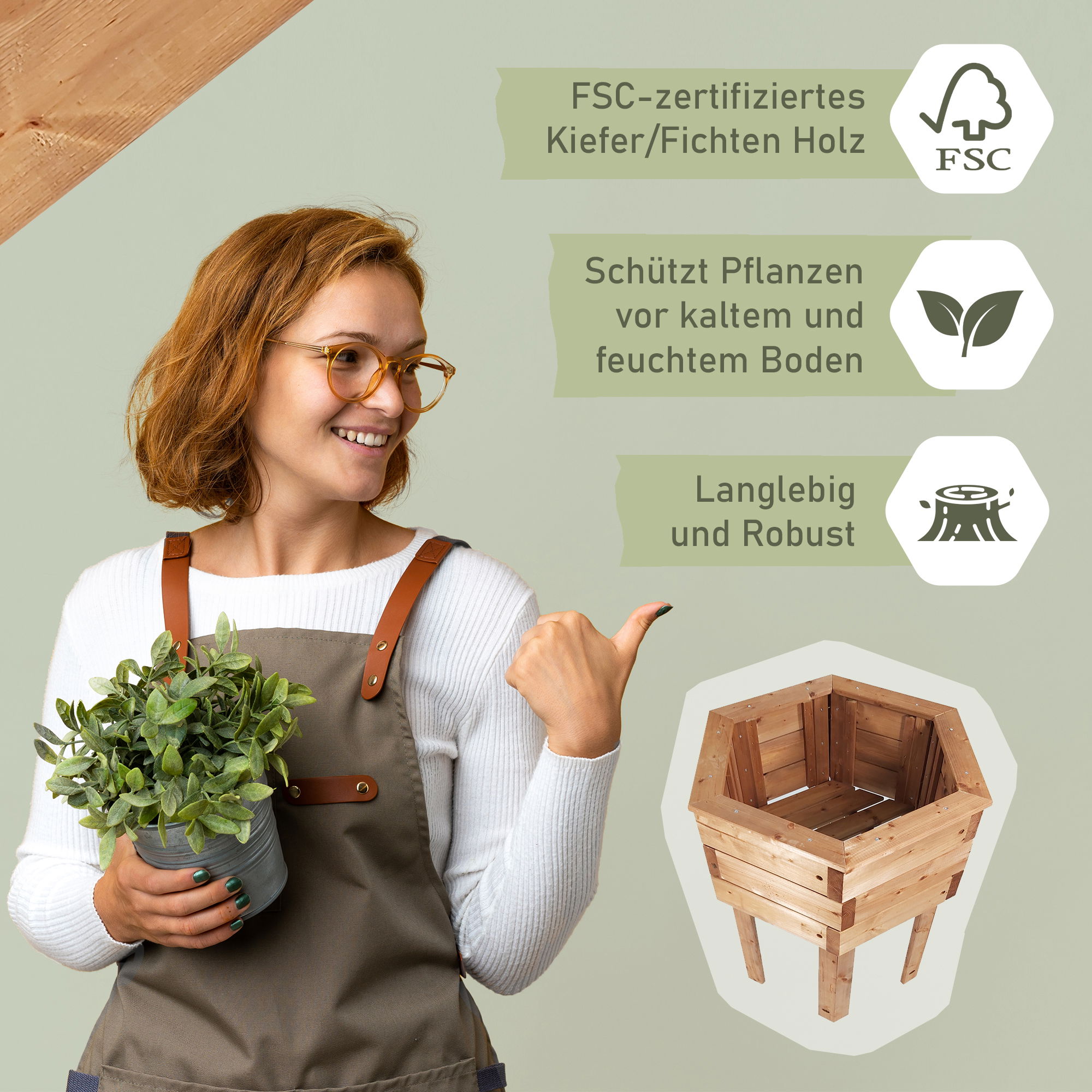 Pflanzkasten aus Holz 6eckig, 68cm hoch, Blumenkübel mit Füßen, Pflanzgefäß NA114_B