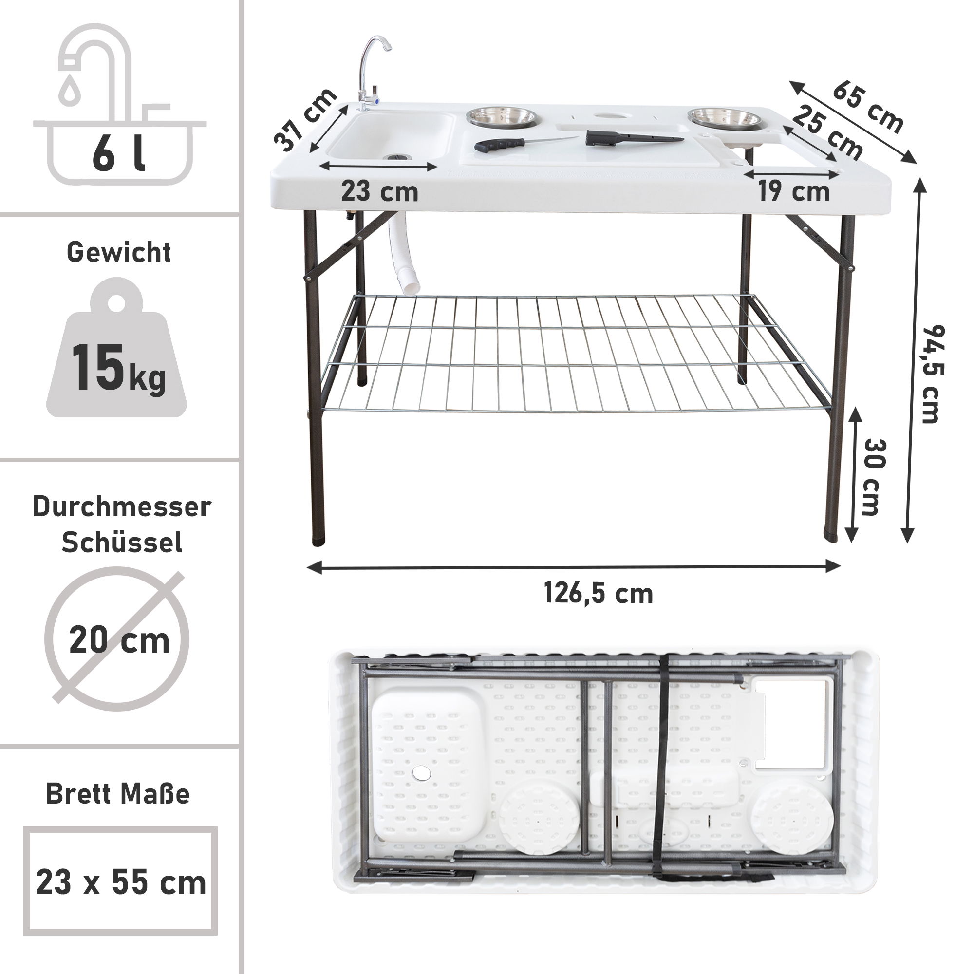 Klappbarer Filetiertisch, Camping Spüle mit 2 Schüsseln und Filetierbrett BL126