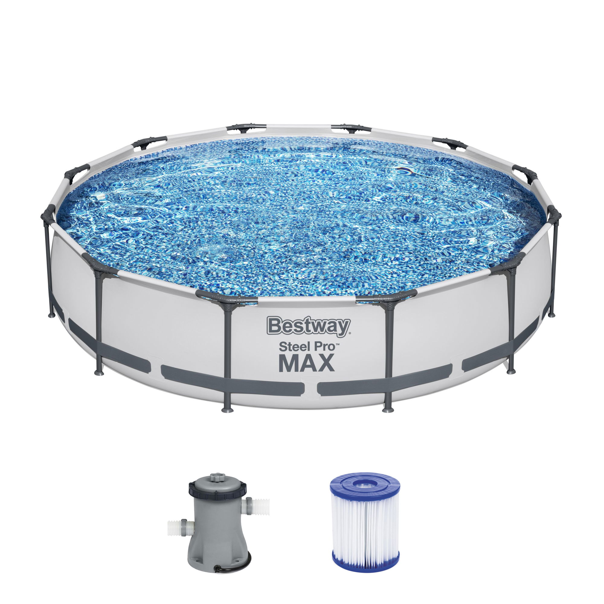 Steel Pro MAX™ Frame Pool Set mit Filterpumpe Ø 366 x 76 cm, lichtgrau, rund 56416_22 Steel Pro MAX™ Frame Pool Set mit Filterpumpe Ø 366 x 76 cm, lichtgrau, rund 56416_22